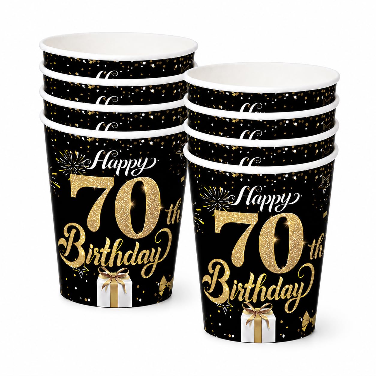 YESAH 70th Black Gold 9 oz Birthday Paper Cups 16 Pack Party Drinkware Set
