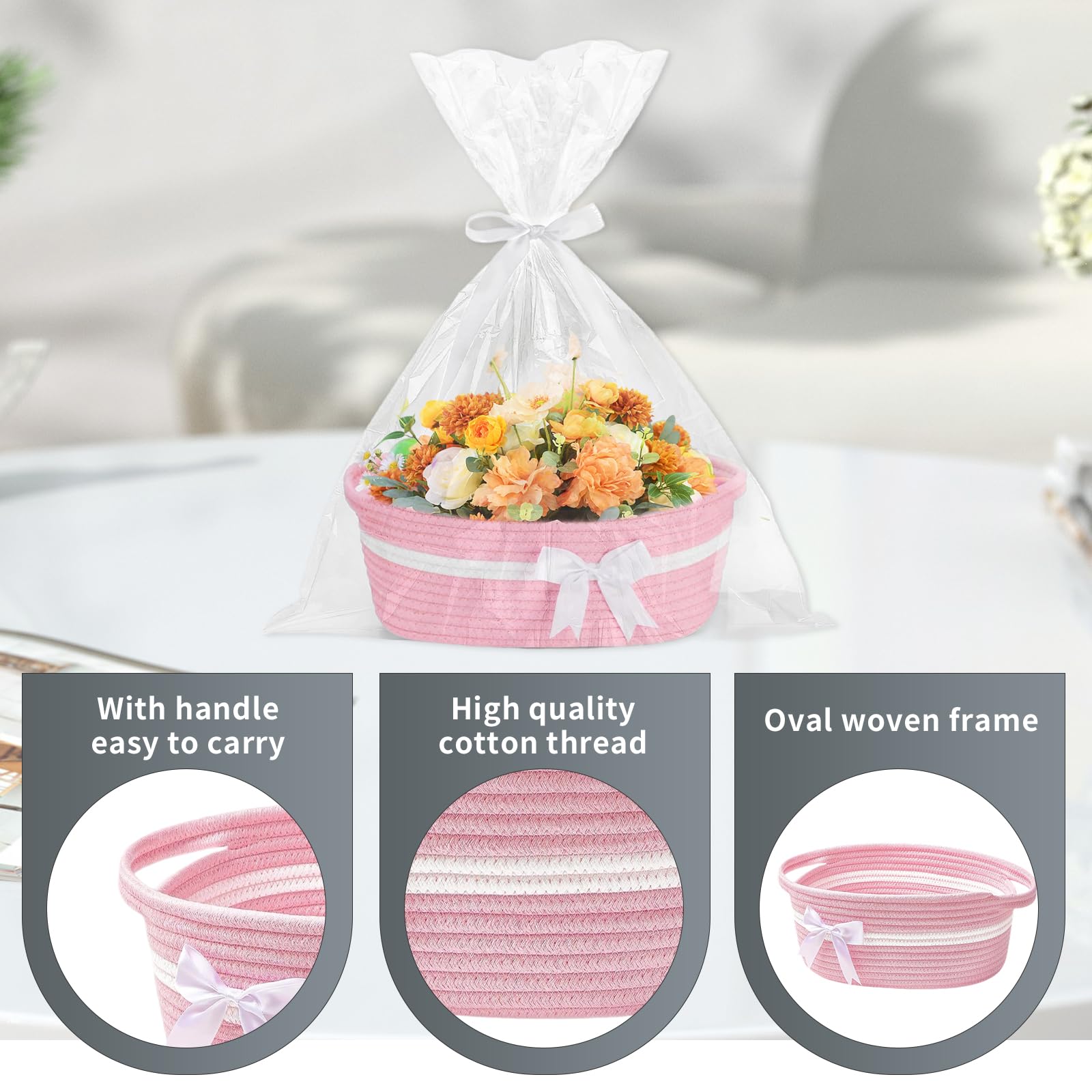 Panier cadeau, panier de rangement ovale tressé vide avec sac cadeau et rubans, panier de rangement pour collations, jouets, cadeaux, anniversaire, Thanksgiving, Noël (rose/blanc)