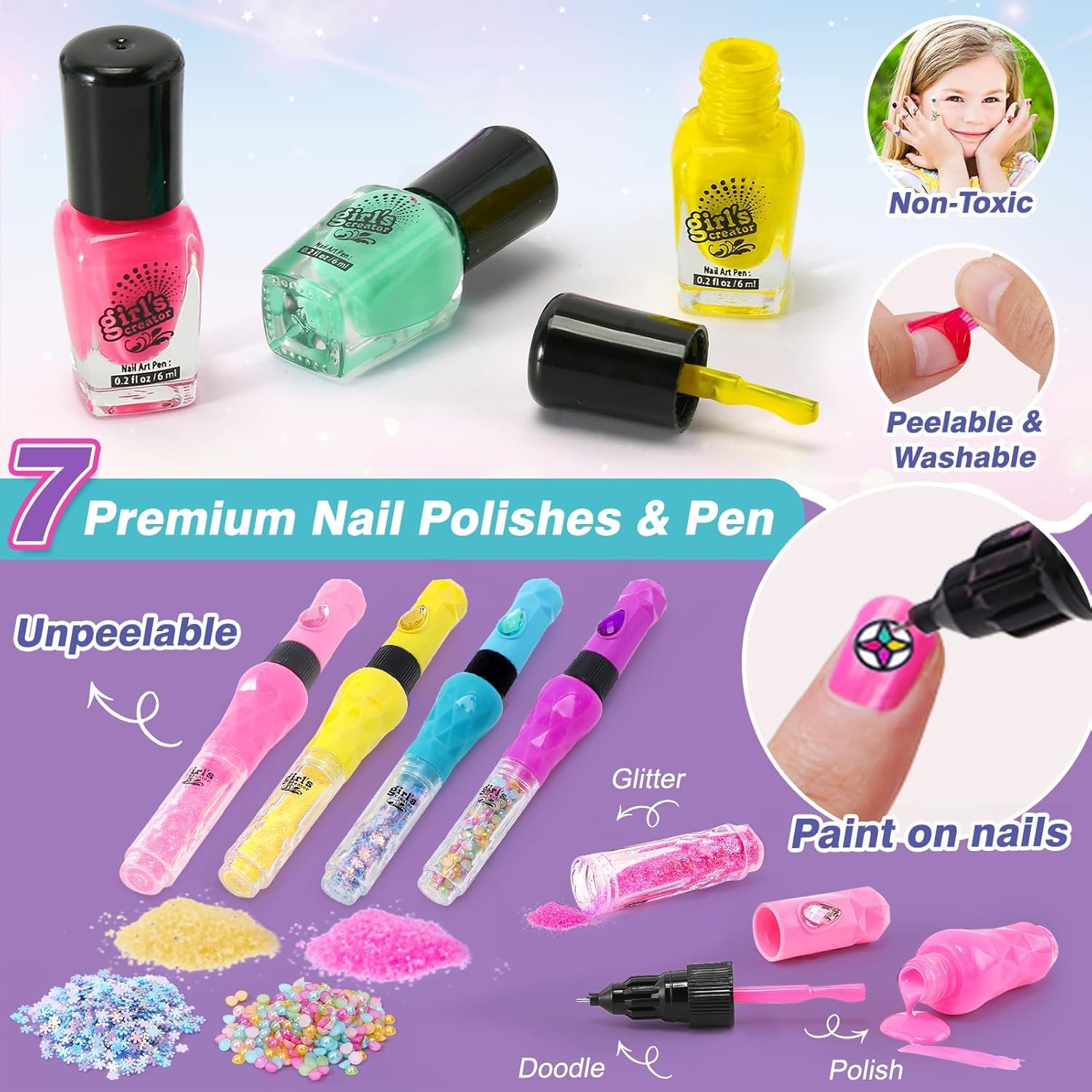 Nagelstudio Kinder Mädchen Geschenk 6 7 8 9 10 11 12 Jahre, 3 in 1 Nagellackstift Nageltrockner Peel Off Nagellack Kinder Nageldesign Nagelset Geburtstag Geschenke Mädchen Spielzeug 7-10 Jahre