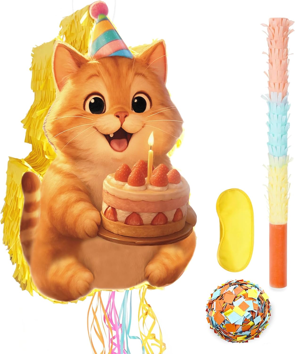 Cute Cat Piñata - Unicorn Cat Pull String Pinata with Blindfold, Bat and Confetti for Kitten Themed Birthday Party Decorations, 16.1 Inch