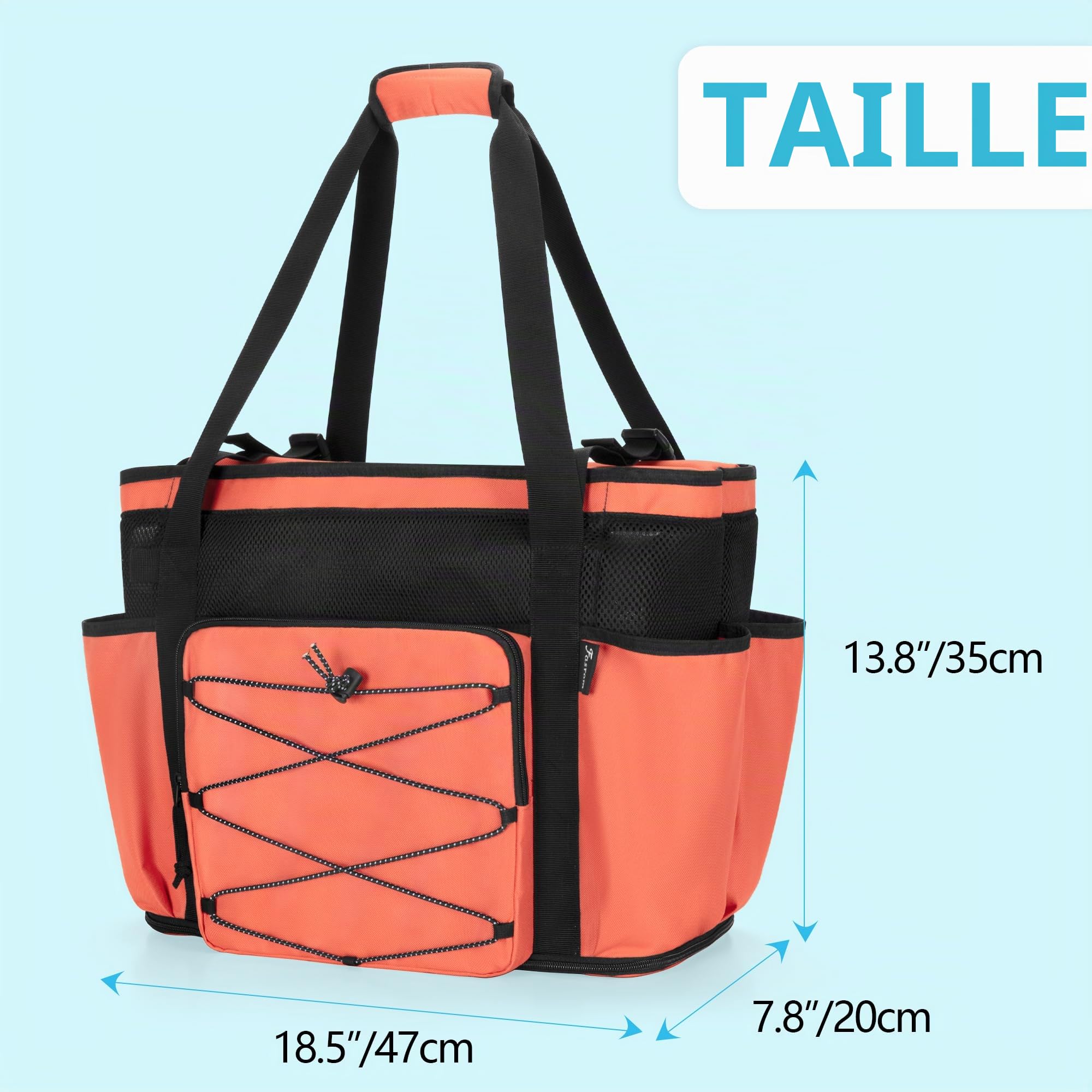 Grand Sac de Plage en Maille avec Fond Zippé, Séparation Humide/Sec, Orange | 2 couches séparées, poche imperméable translucide, 6 pochettes élastiques, 1 poche zippée, compartiment avant filet