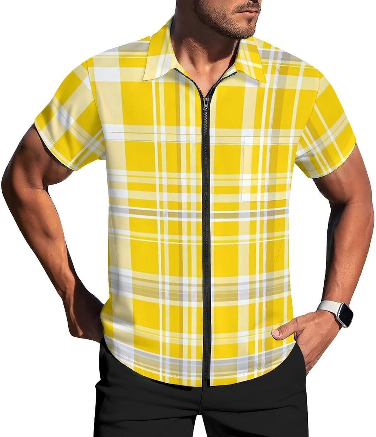Yellow White Plaid Men's Shirt Full Zip Up Polo Shirts Hawaiian Tshirts Tops