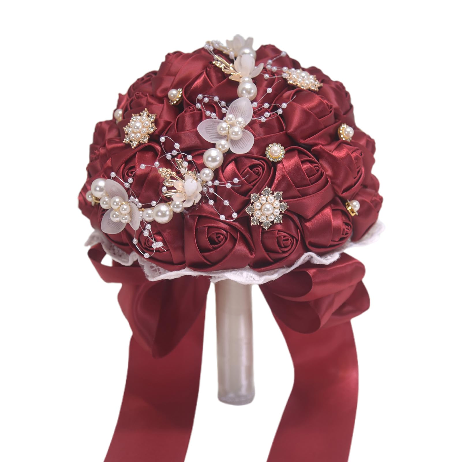 Bouquet da Sposa con Fiori Artificiali, Realizzato a Mano con Strass, Perle, Nastro, Raso, Rose, Bouquet Rotondo di Rose di Seta, Bouquet da Damigella d'Onore, Decorazione per Matrimonio.