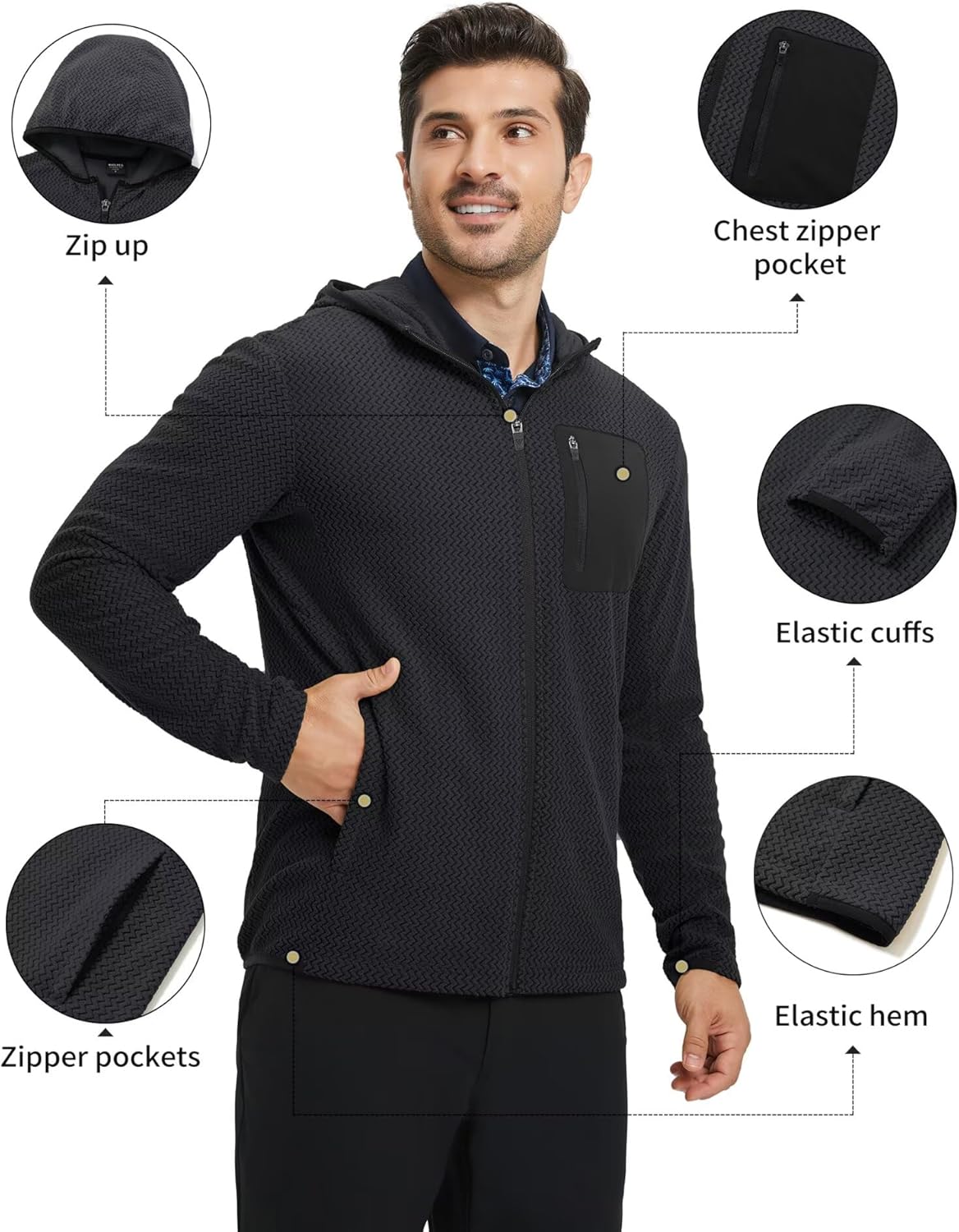 M MAELREG Fleece Hoodies Jacket Men Full Zip with 3 Zip Pockets Lightweight Soft Warm Hoodie for Golf Athletic Travel - Image 3