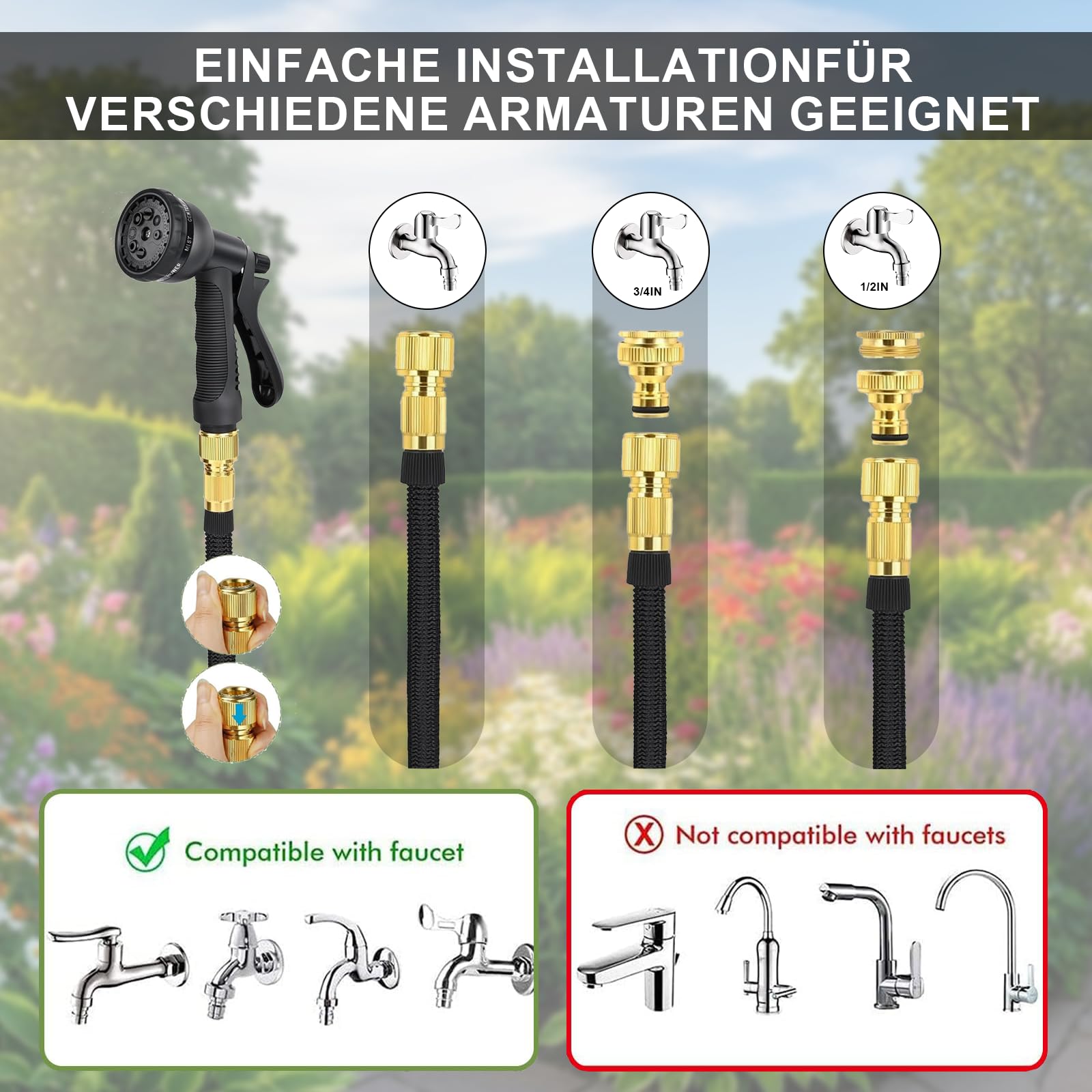 45M Flexibler Gartenschlauch 8 Sprühfunktionen 1/2" und 3/4" Zoll | Messinganschlüssen mit Ersatzköpfe Tasche Wandhalterung Wasserdichtes Klebeband für Gartenarbeit Autowäsche Waschen Gießen