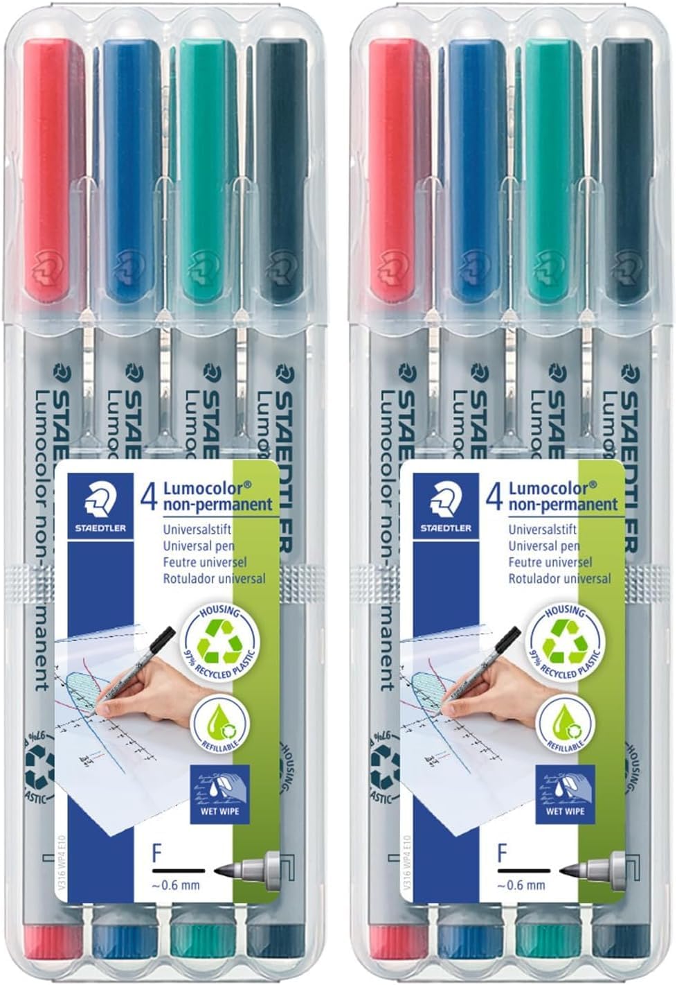 STAEDTLER Lumograph Non-Permanent Wet Erase Marker Pens, Fine Tip Refillable Colored Markers, 8 Pack, 315 WP4
