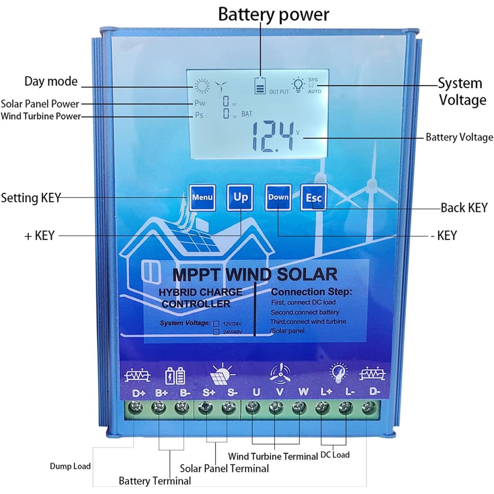 Controlador de Carga Híbrido Solar Eólico,Regulador Inteligente de Accesorios de Energía Eólica Solar,Regulador Inteligente Digital,para LiFePO4,Batería Inundada y de Litio,12000W/12V