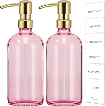 GMISUN Pink Soap Dispenser Bathroom, 2 Pack Kitchen Hand and Dish Soap Dispensers Set, 17 Fl Oz Pink Glass Soap Dispenser with Gold Pump, Refillable Modern Farmhouse Liquid Soap Pump Bottles