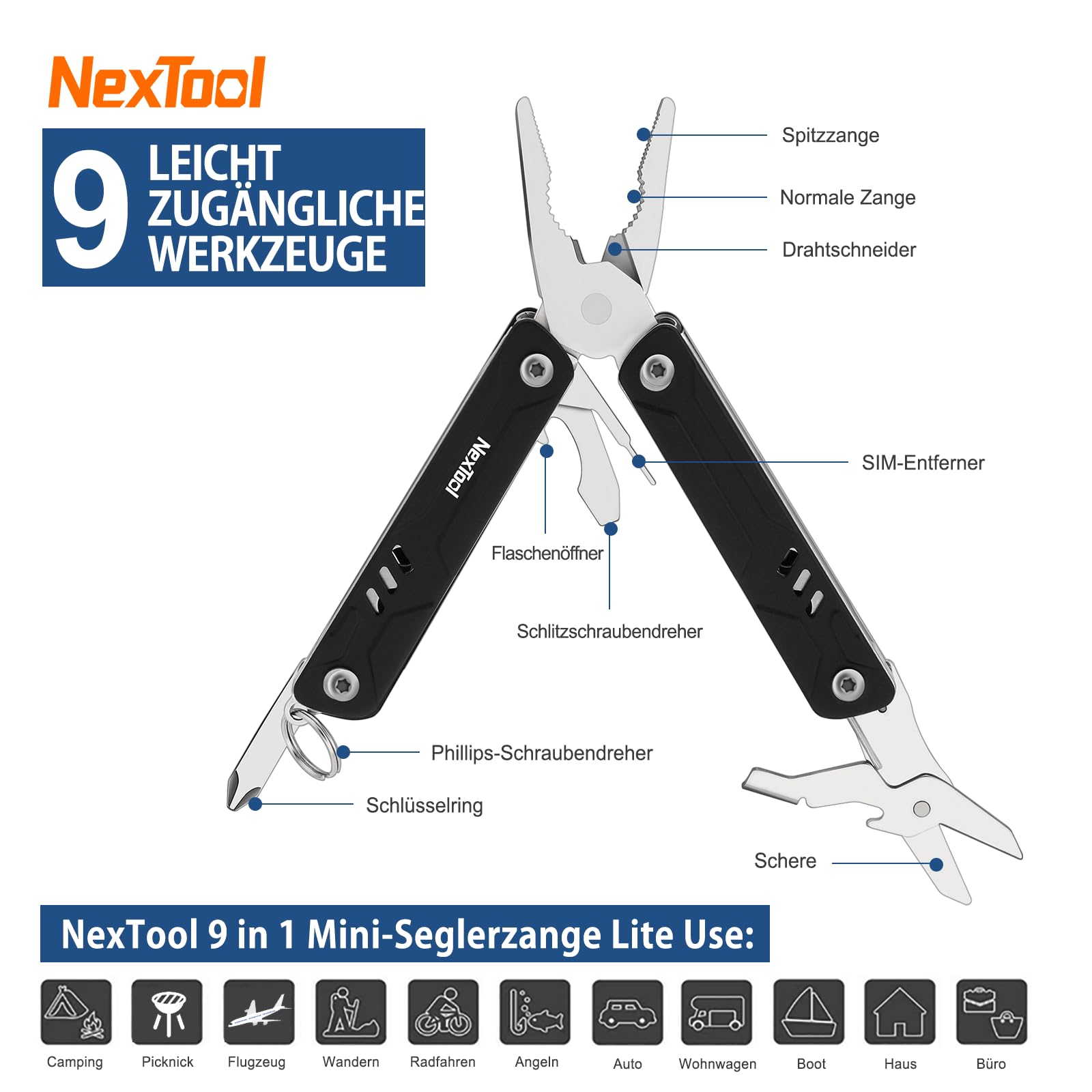 NexTool Multitool,9 in 1 TSA Mini Sailor mit Nadelzange,Schere,SIM-Extraktor & Schraubendreher für Reisen,EDC,TSA genehmigt Multiwerkzeug,klingenlose kleine Multitool (Mini Sailor Lite)