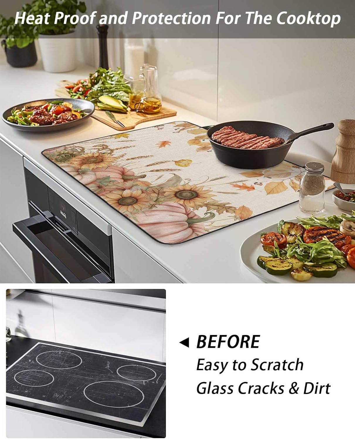Stove Top Cover for Electric Stove Fall Thanksgiving Watercolor Pink Pumpkins Sunflowers Leaves Linen 28.5" x 20.5" Heat Resistance Electric Stove Cover Glass Stove Top Protector Counter Protector