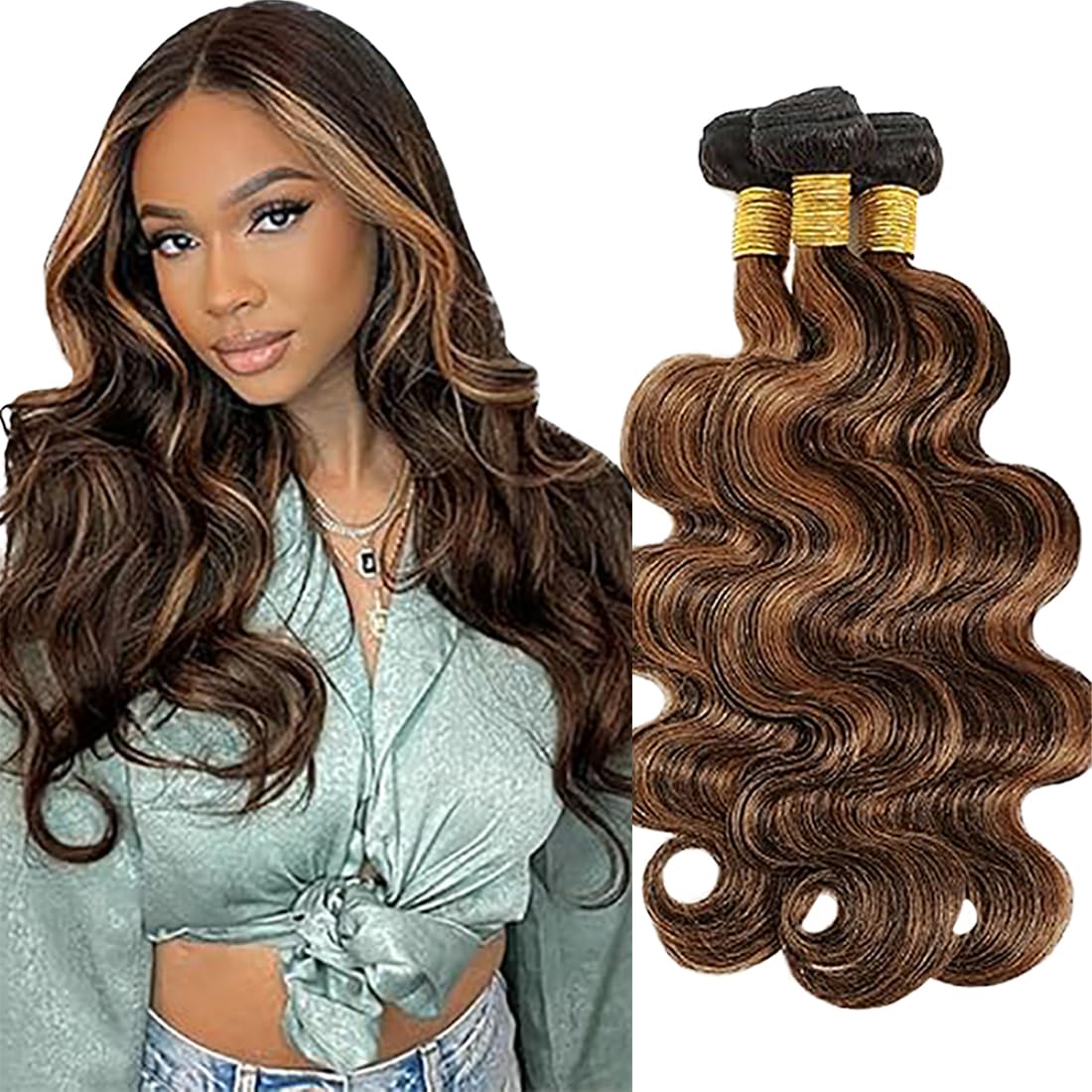 Tissage Naturel Cheveux Humain Naturels Body Wave Human Hair Bundles Weave Extensions 100g/Per Double Weft P4/30 Highlight Brown 26 28 30 Pouces