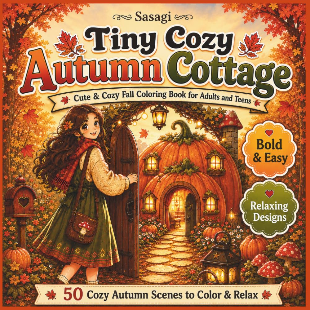Tiny Cozy Autumn Cottage: Cute & Cozy Fall Coloring Book for Adults and Teens: 50 Cozy Autumn Scenes to Color & Relax