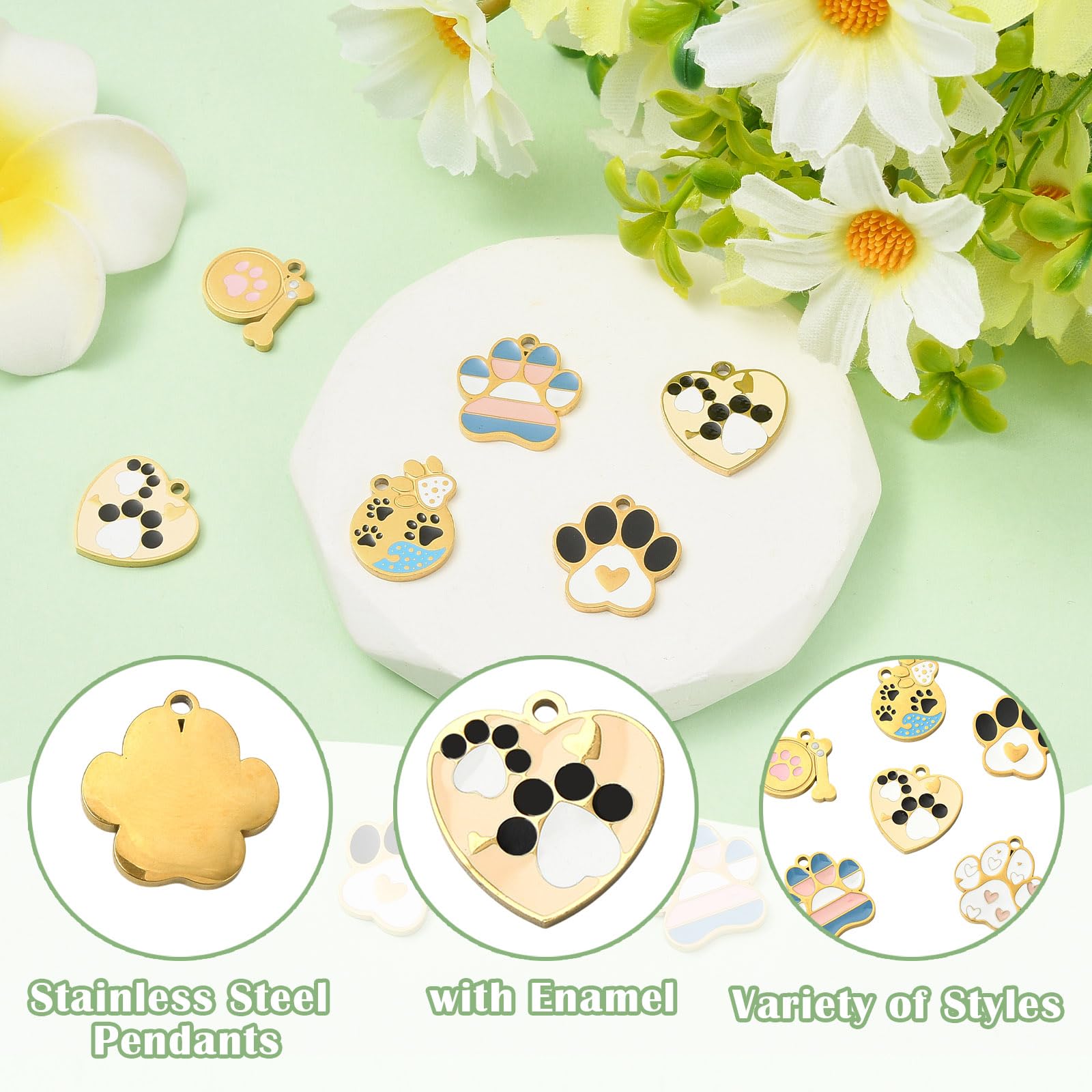 Set di 12 ciondoli a forma di zampa, per braccialetti in acciaio inox, colorati con stampa di zampe di cane, in metallo smaltato, per la creazione di gioielli, orecchini, bracciali e