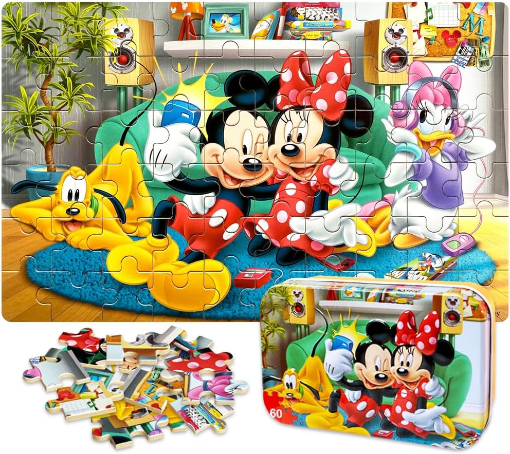 NEILDEN Puzzles for Kids Ages 4-6 Jigsaw Puzzles 60 Pieces Wooden Puzzle for Kids Ages 3-5 Children Puzzles in a Metal Box Toy Gift for Girls and Boys Mickey Minnie Mouse