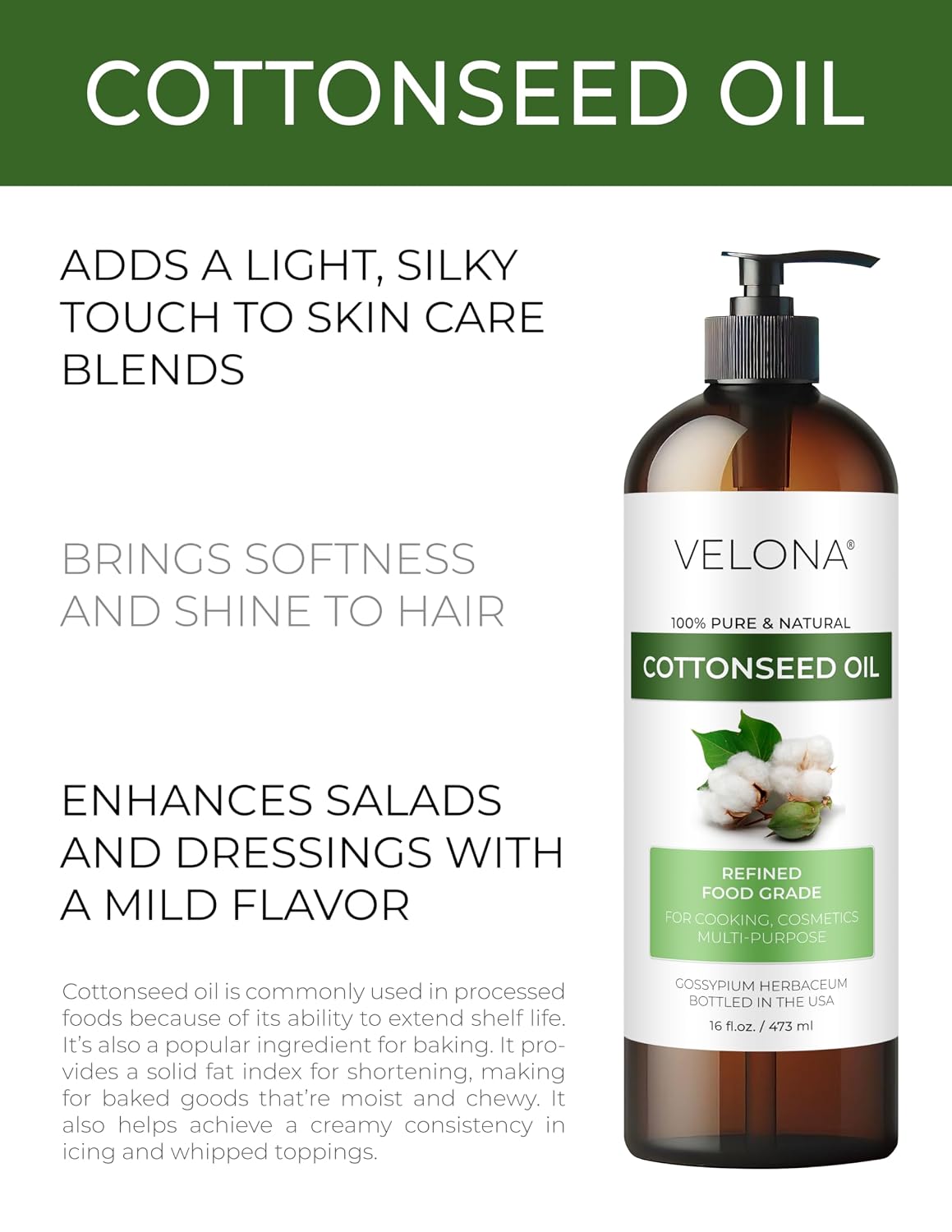 velona Cotton Seed Oil - 16 fl oz, Cold Pressed, Refined, with Pump image 2