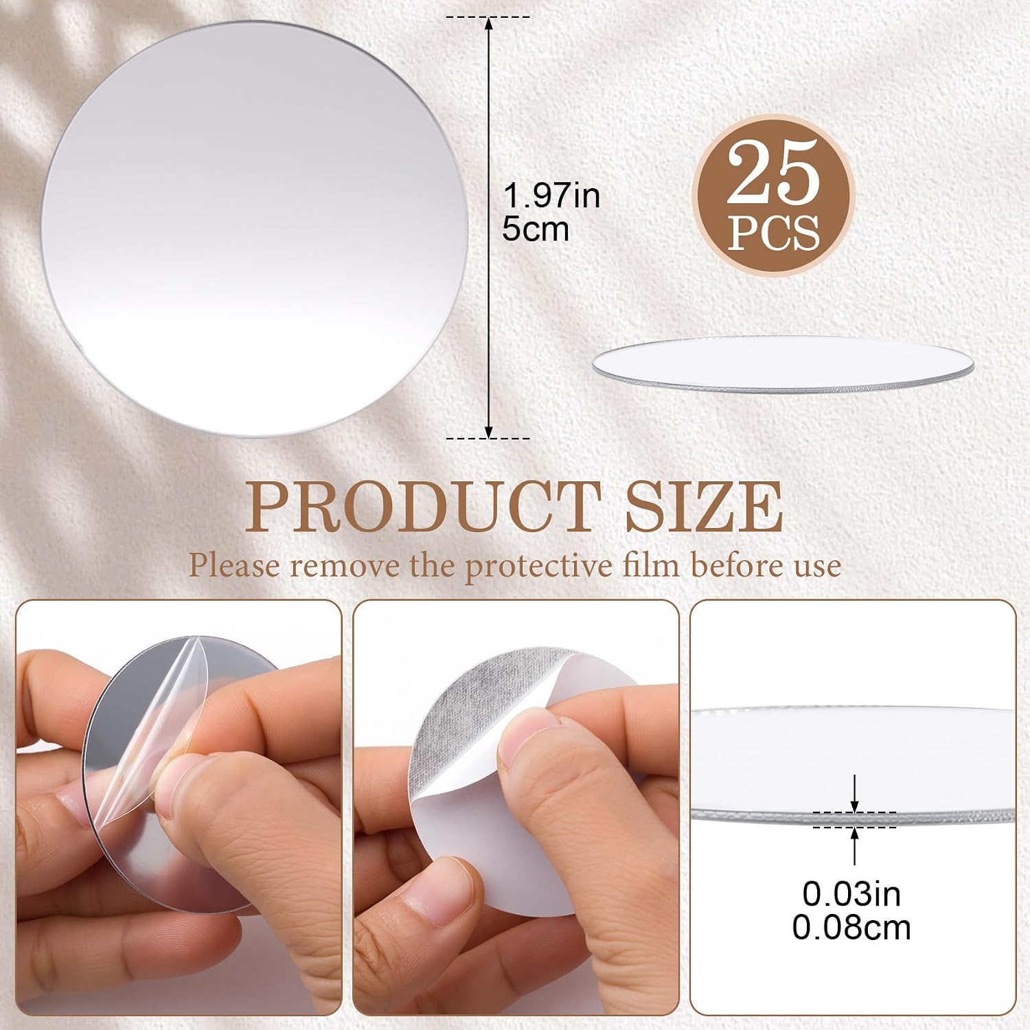 25pcs Small Round Mirror for Crafts, Self Adhesive Acrylic Circle Mirror Stickers, 1.97in Mini Mosaic Tiles Stickers DIY Supplies for Wall Home Decor Jewelry Making- Silver