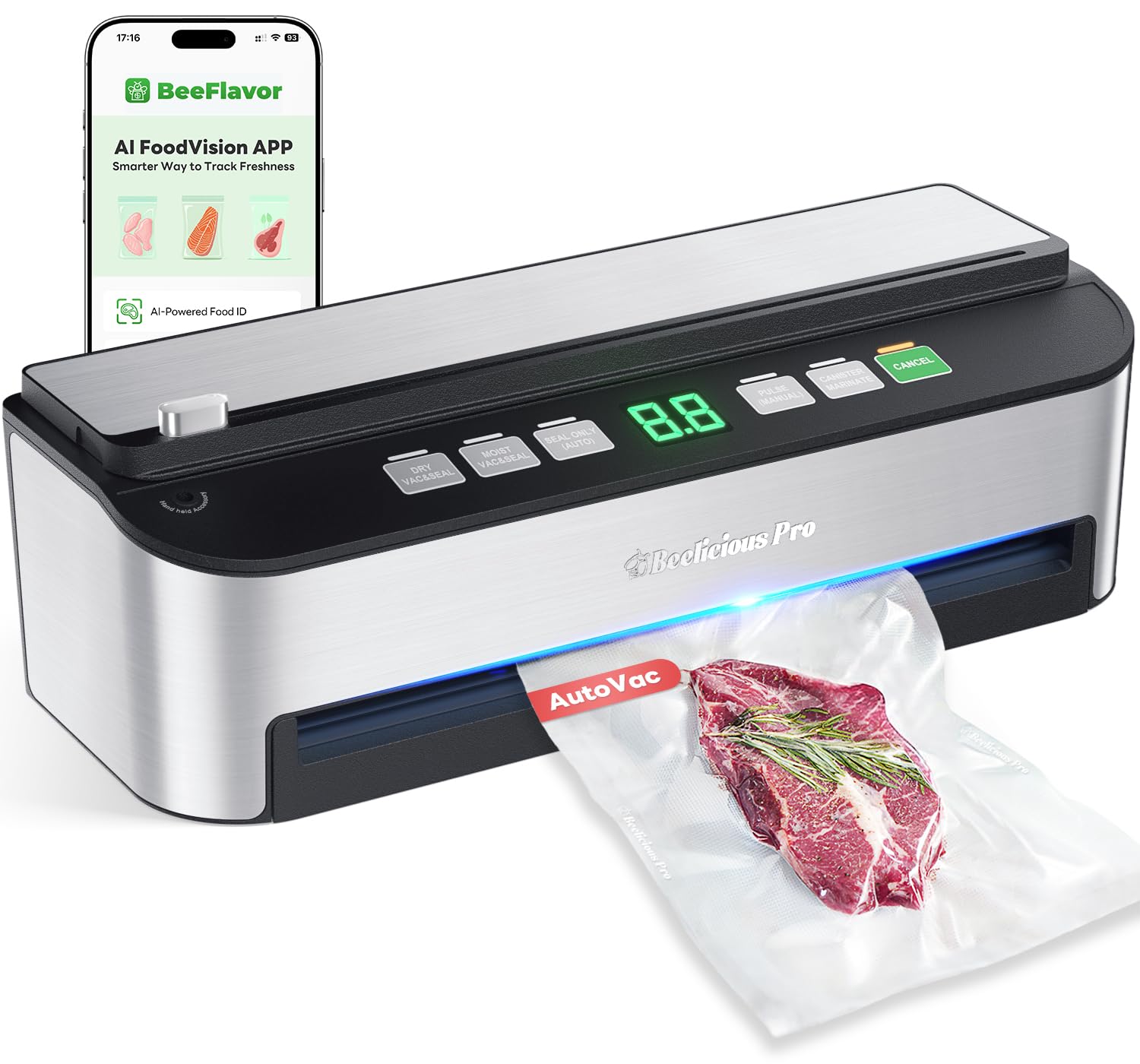Vacuum Sealer Machine, Beelicious 85KPA Fully Automatic 8-IN-1 Food Sealer with Bags Storage, Build-in Cutter, Moist Mode, Air Suction Hose