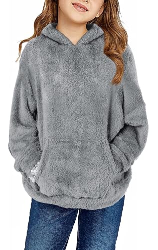 Haloumoning Girls Fuzzy Fleece Pullover Hoodies Sweatshirt Casual Loose Outwear Coat with Pockets 4-15 Years