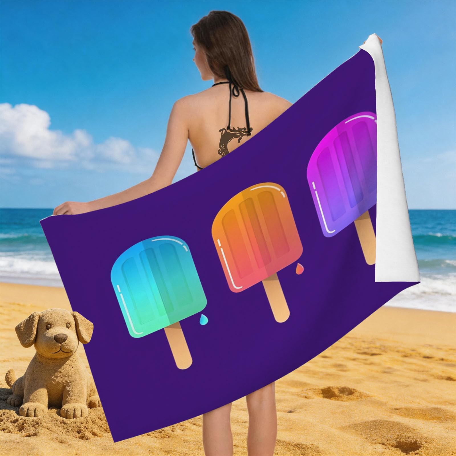 Leichong 3D Popsicle Beach Towel Large Microfiber Soft Quick Dry for Adults, Summer Theme Bath Towel Lightweight Soft Absorbent for Travel Swimming Pool Sports, 80 x 160 cm