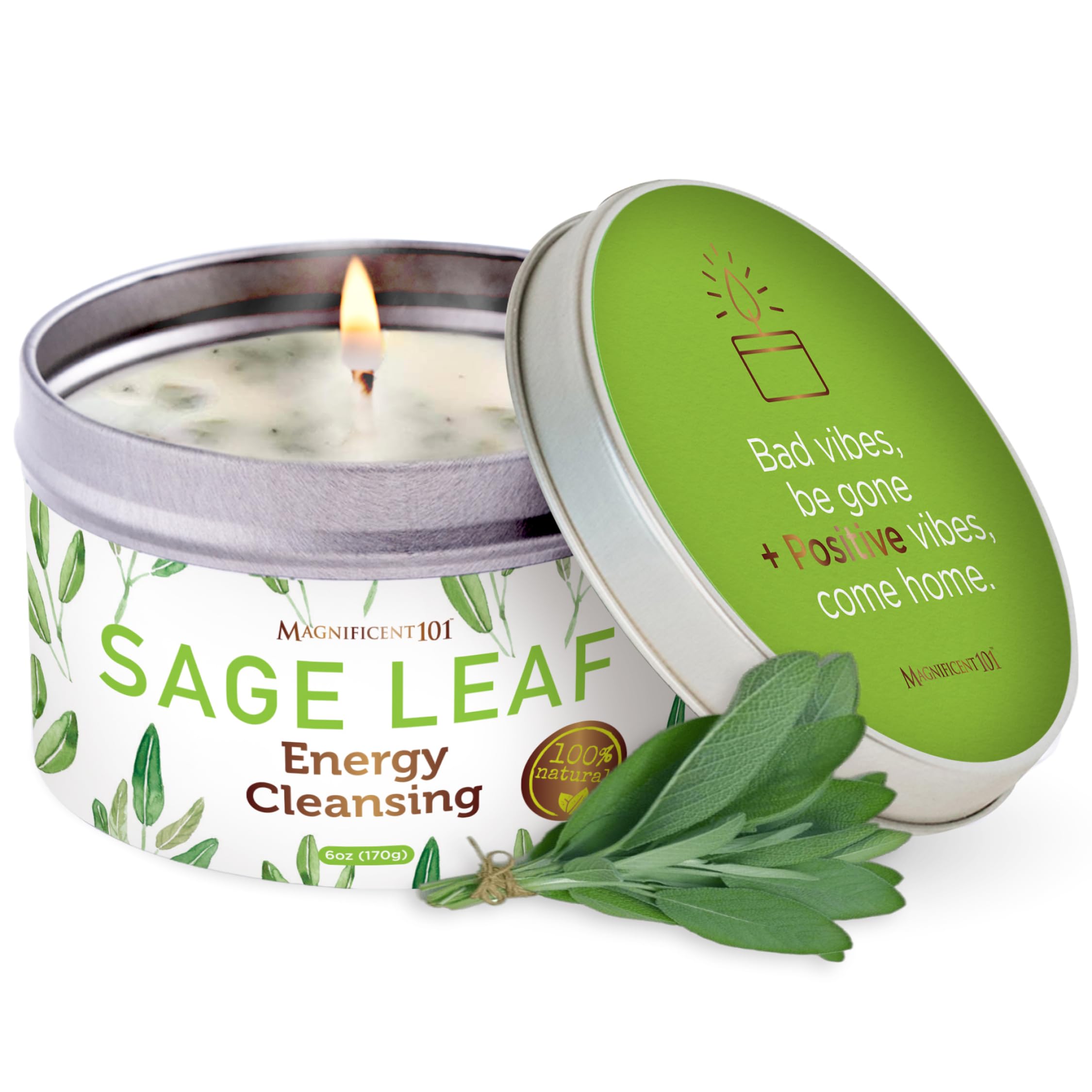 Magnificent 101 Long Lasting Pure White Sage Leaf Scented Smudge Candle | 6 Oz - 35 Hour Burn | Paraffin Free Soy Candle for House Energy Cleansing, Purification & Manifestation