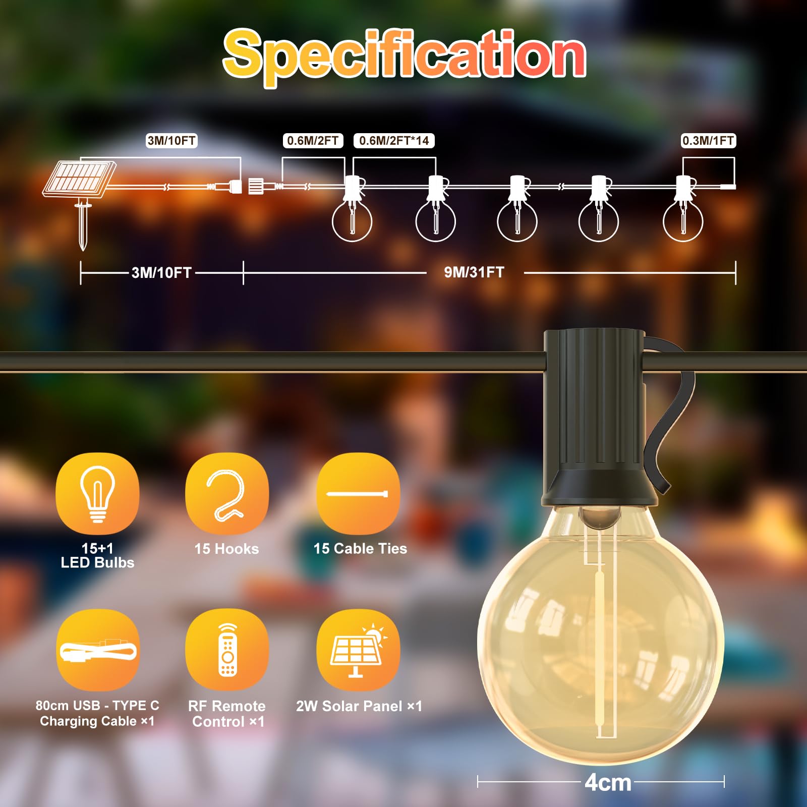 Quntis Guirlande Lumineuse Extérieure Solaire 12M 15+1 LED 8 Modes IP44 Blanc Chaud
