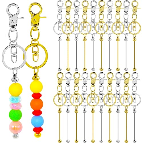 20 Pcs Beadable Keychains Bulk Kit – DIY Keychain Making Supplies with Metal Blanks for Crafts, Jewelry, Charms, Custom Projects – Blank Chain Bars for Beaded Keychain Design (Gold + Silver)