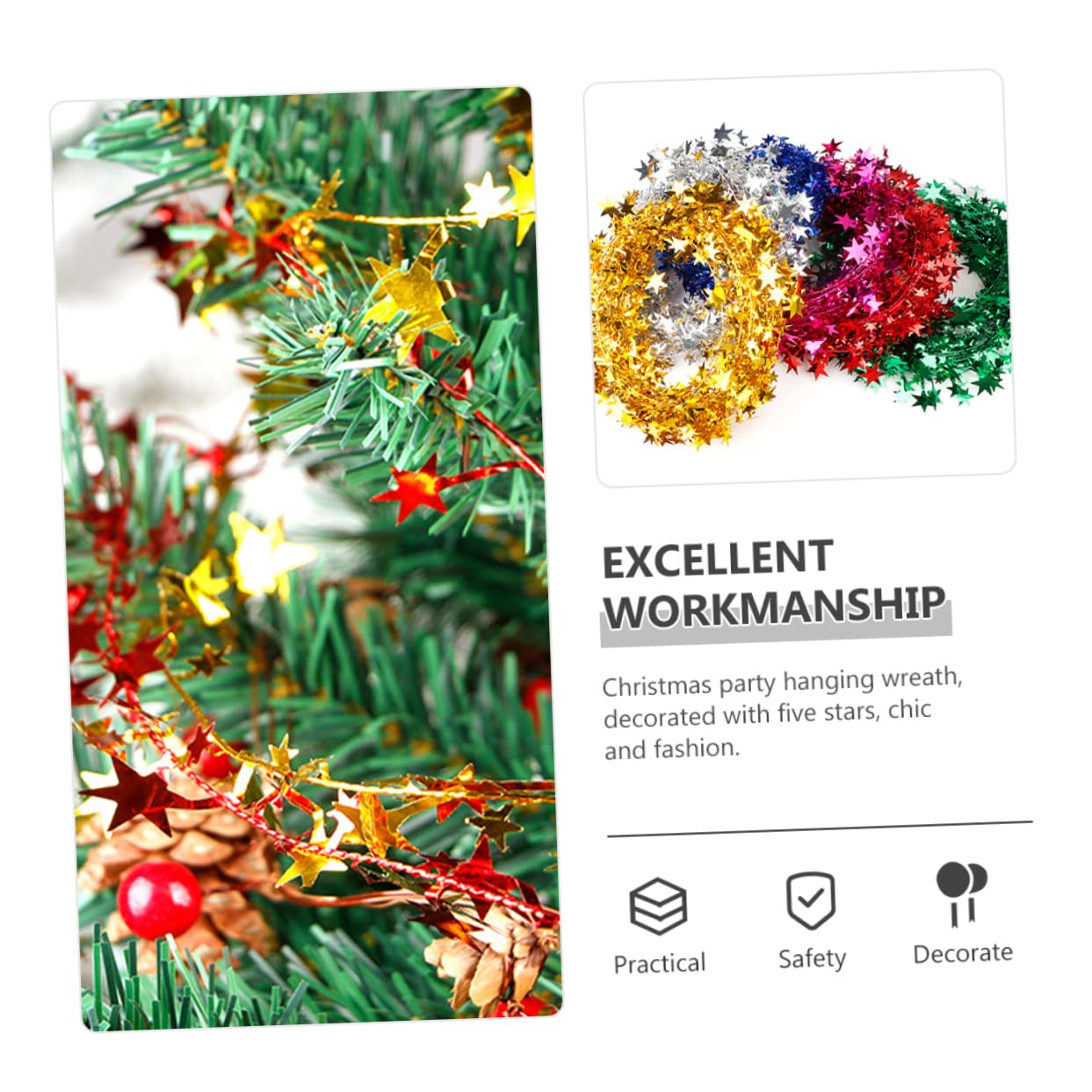 Guirnalda de espumillón para Navidad, Guirnalda fotográfica con Adornos Colgantes Superiores de 12 Piezas(750x15cmx5pcs)