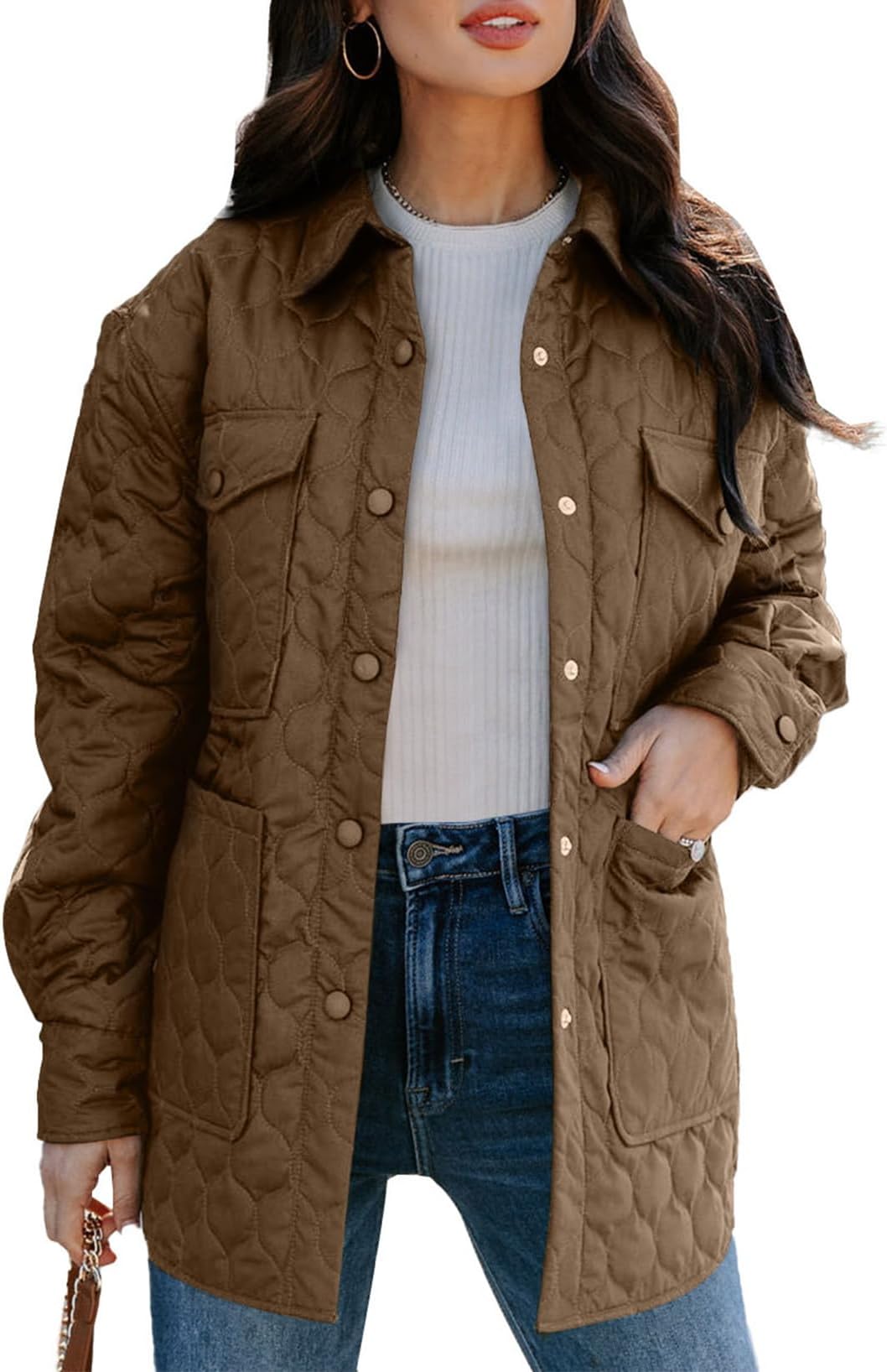 Quilted Jackets for Women Lightweight Long Sleeve Button Down Puffer Jacket Warm Winter Coat Outerwear with Pockets