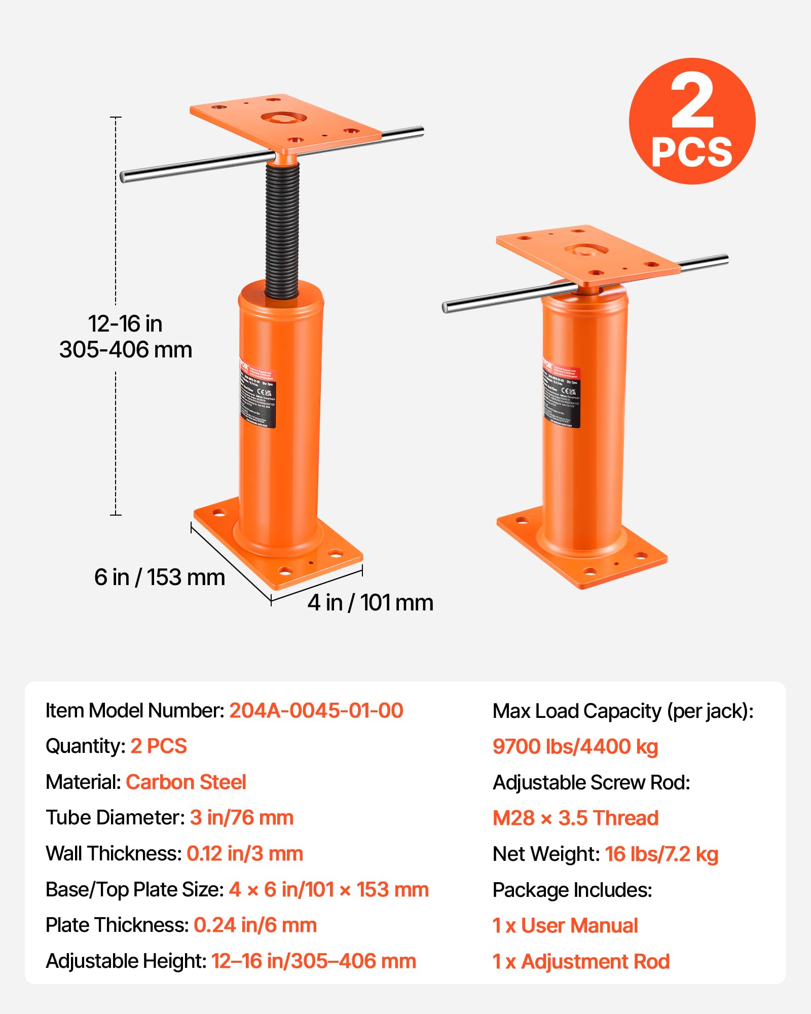 VEVOR 2 PCS Gato de Piso para Casa con Viga de Soporte Ajustable, Rango de Altura de 30,48-40,64 cm, Capacidad de Carga Máxima de 4399,85 kg, Gato Telescópico Galvanizado para Soporte Temporal
