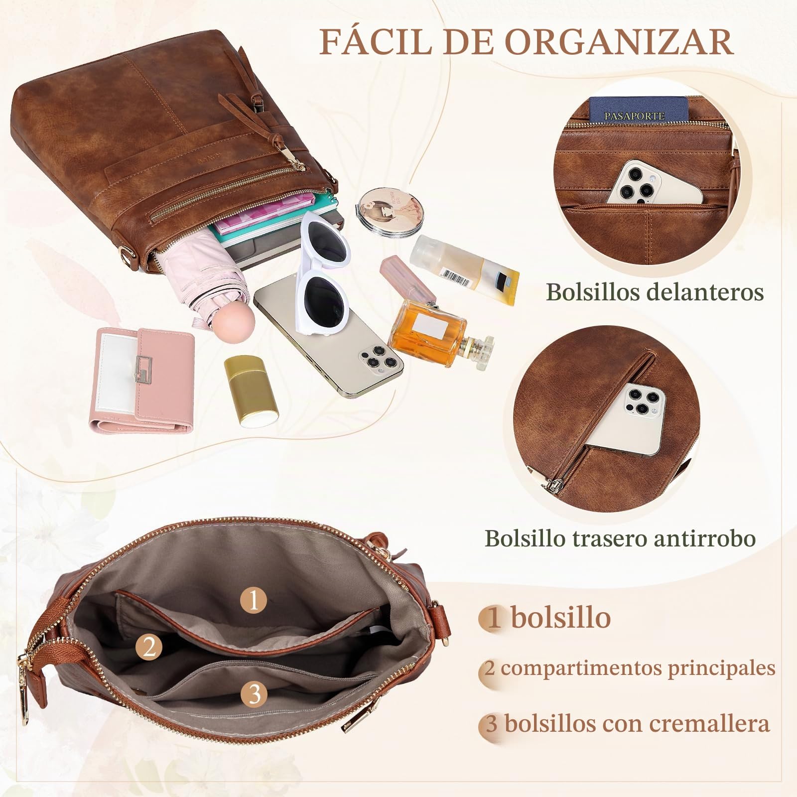 RAVUO Bolso Bandolera Mujer, Grande Bolso Cruzado de Cuero Pu Bolso Hombro Piel con 2 Correas Ajustable Crossbody Bag para Diario Viaje,Marrón