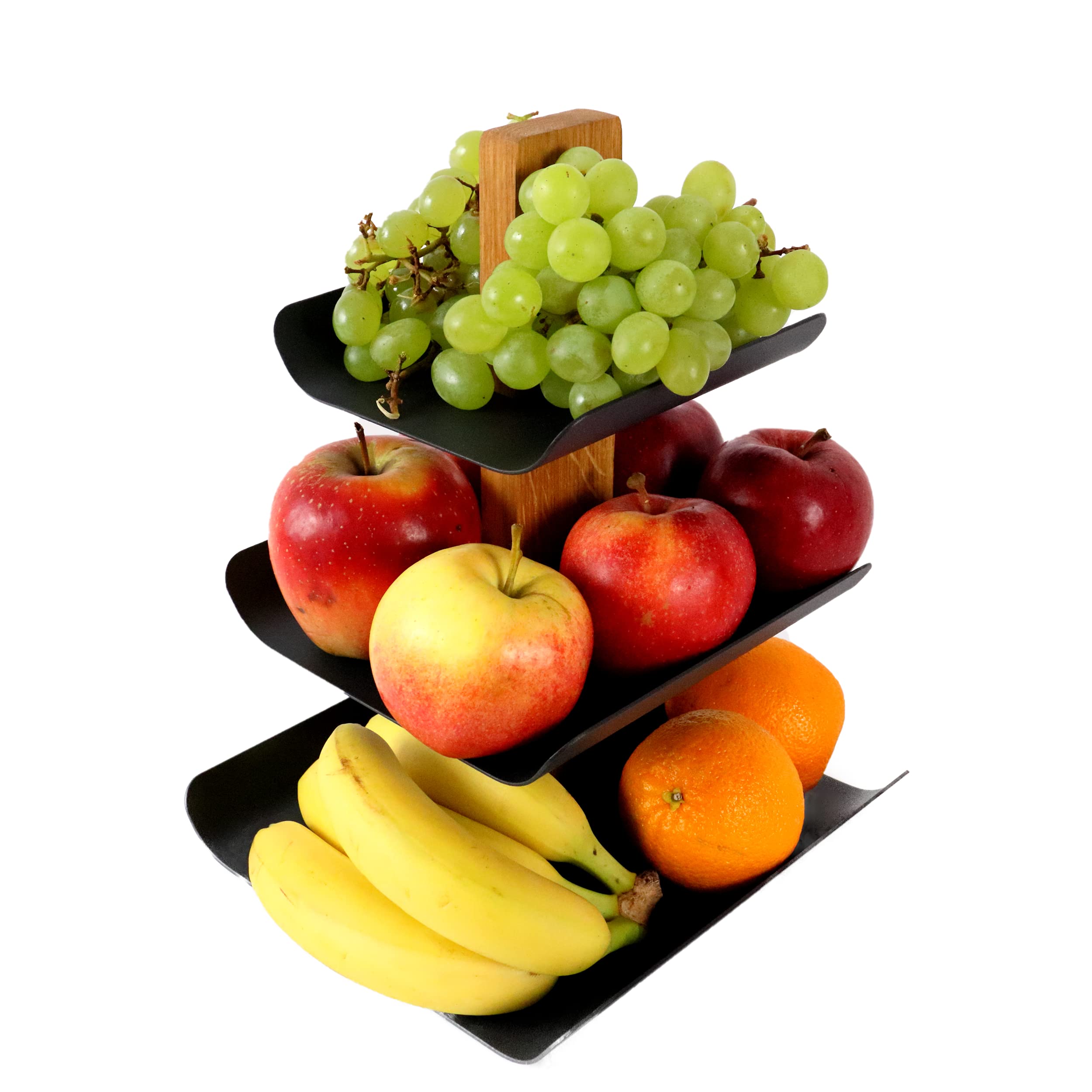 B4K® Présentoir à 3 Étages en Bois de Chêne et Métal – Bol à Fruits et Plateau de Service Élégant 2-en-1, Idéal pour Fruits, Gâteaux, Bonbons, Pain et Snacks (33 x 24 cm)