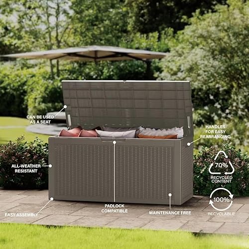 Miniatura 7 de Caja de almacenamiento para exteriores de 320 galones, impermeable, con cerradura, de resina, grande, contenedor de almacenamiento para patio,