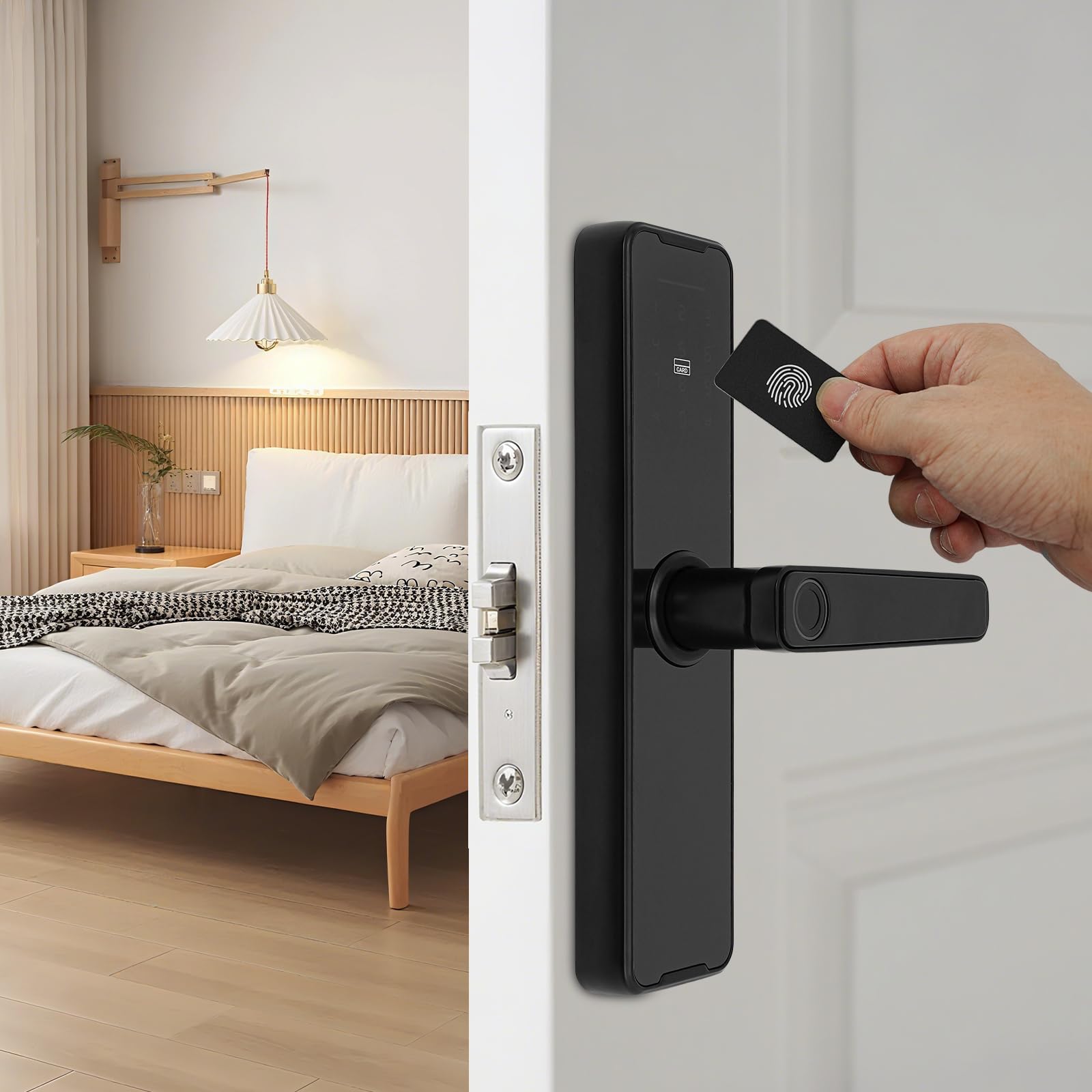 Intelligentes Türschloss,5-in-1 Elektronisches Türschloss mit Fingerprint + Code + Schlüssel + Karte + temporäres Passwort,App-Steuerung Smart Riegelschloss für Haustür 35-50mm (schwarz)