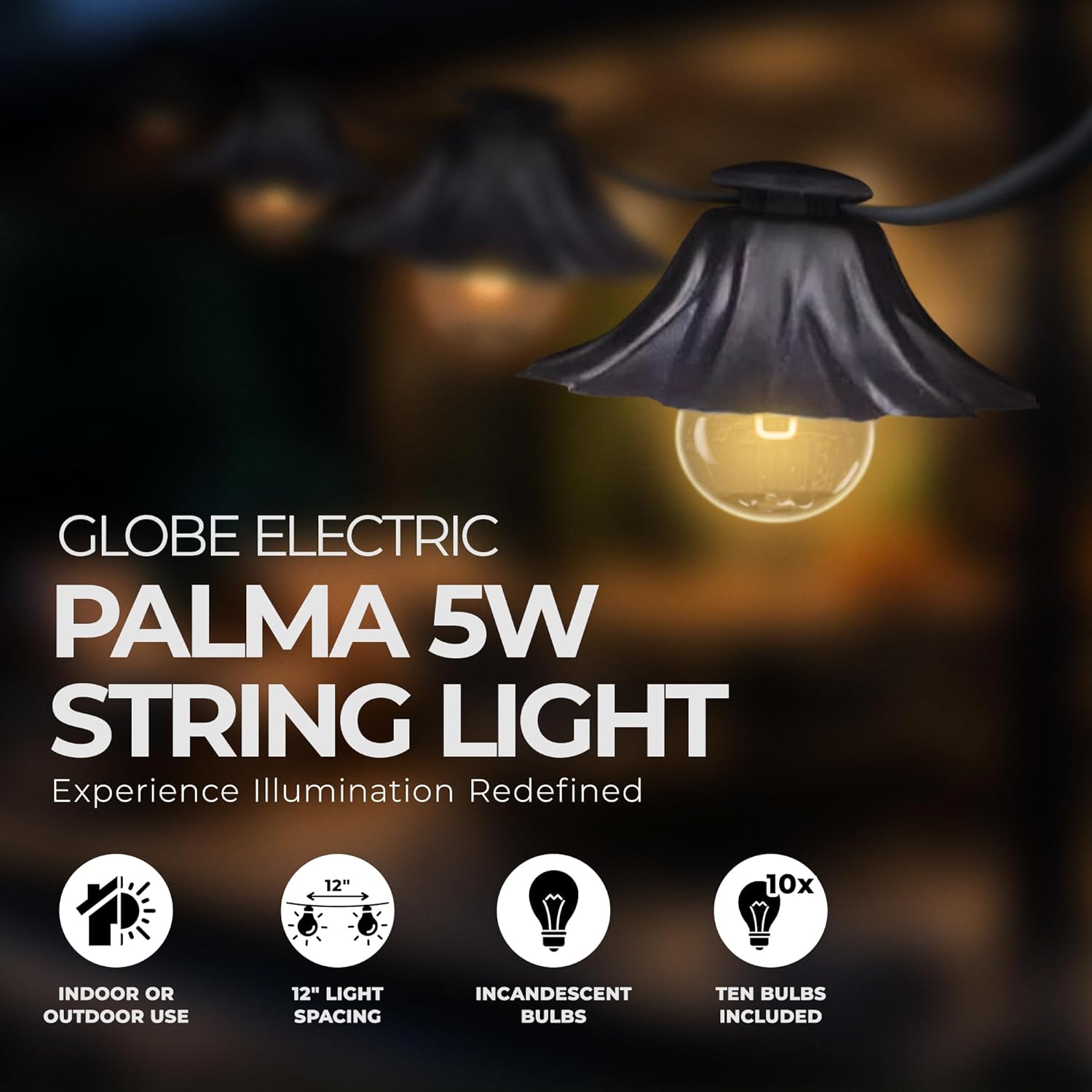 Globe Electric Palma Collection, 10', 10 Light, 5W, G12, Incandescent String Light Set