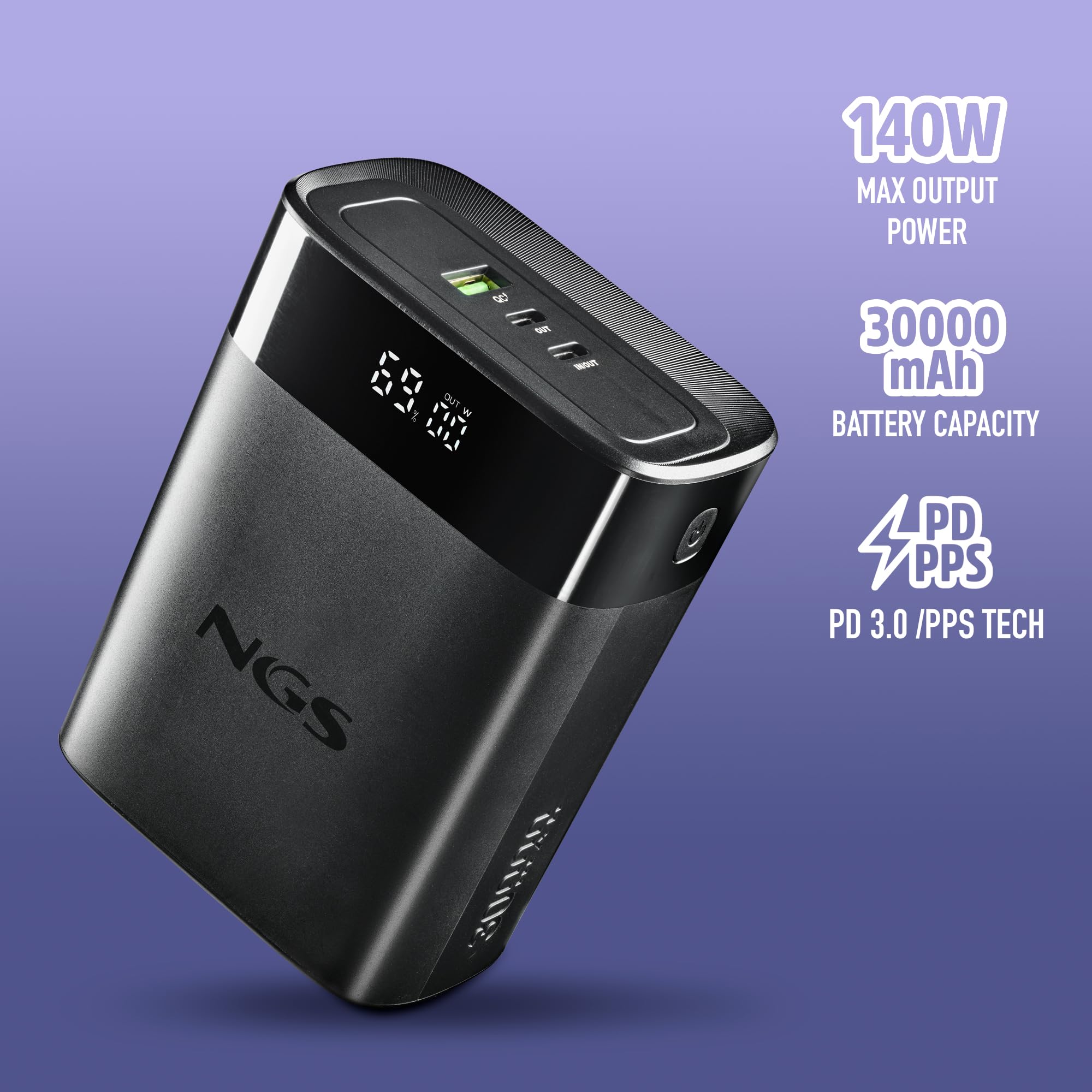 NGS Twix 30 - Batteria portatile 30000 mAh, 140 W, ricarica rapida, PD 3.1 per laptop, USB-C 30 W, USB-A QC 22,5 W, display LED, compatto e leggero, compatibile con iPhone, Samsung, Huawei