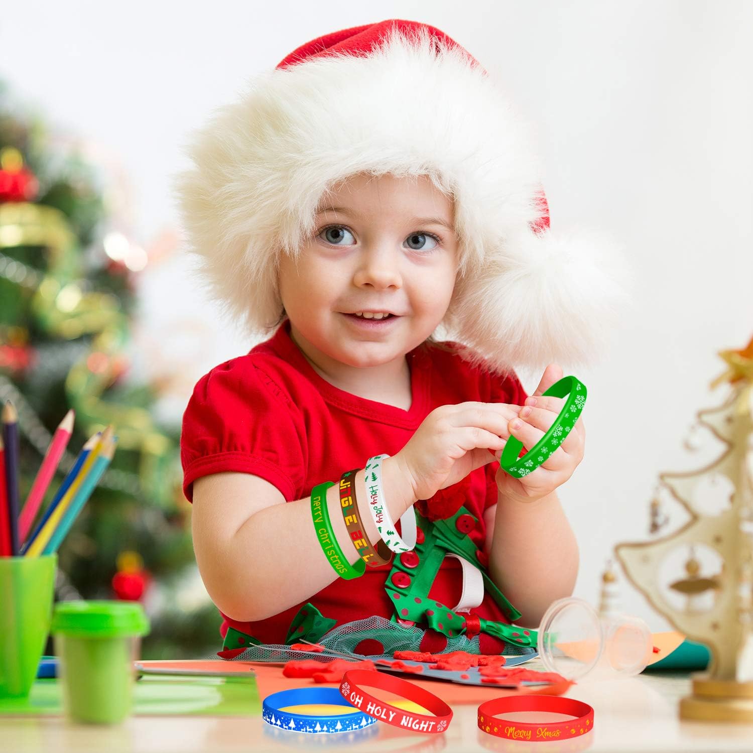 FEPITO 42 Pieces Christmas Silicone Wristbands Rubber Band Bracelets for Christmas Party Decoration Supplies 7 Merry Xmas Style - Image 7