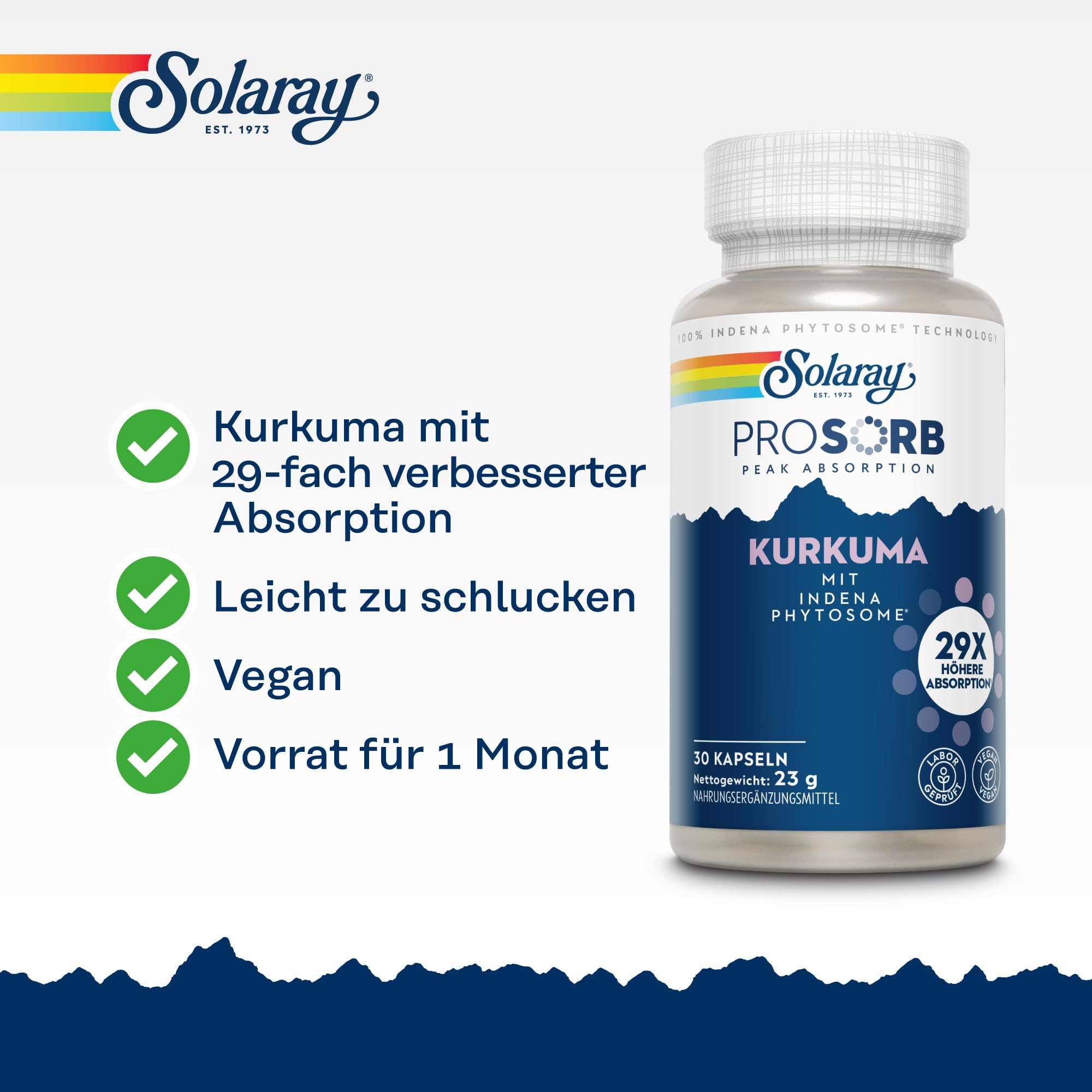 Solaray Kurkuma ProSorb 500 mg - Liefert 100 mg Curcuminoide (20%) - 30 vegane Kapseln - 29x höhere Bioverfügbarkeit mit Meriva® Curcumin Phytosome™ - Laborgeprüft