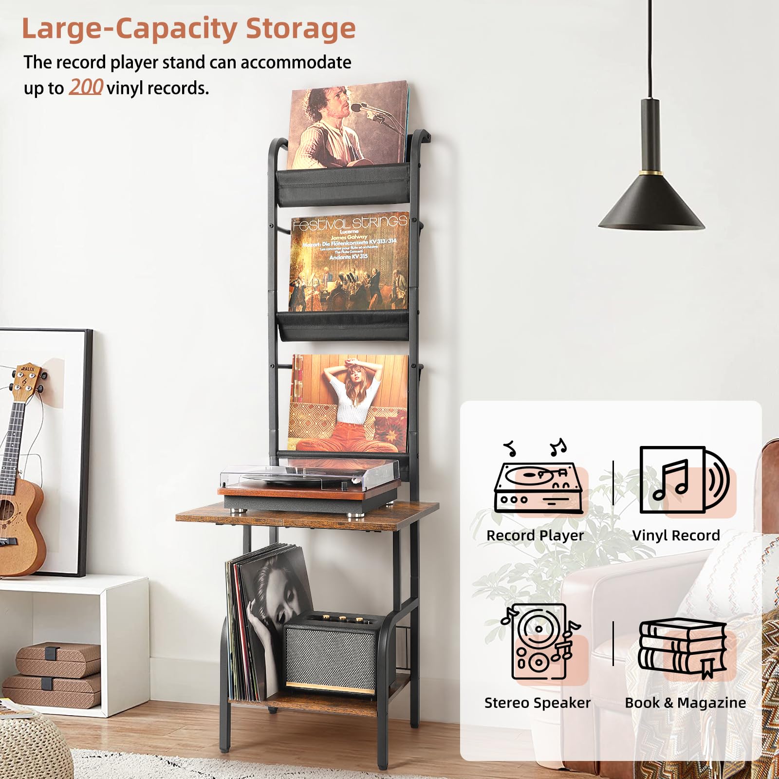 Bikoney Mueble Tocadiscos con Almacenamiento para hasta 200 Discos de Vinilo, Mesa para Tocadiscos de 3 Niveles con Estante Expositor, Soporte de Madera y Metal para Salón y Dormitorio