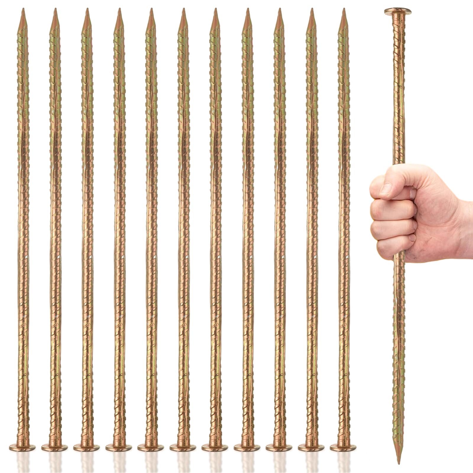 MIVIDE Lot de 12 piquets d'armature dorés de 40,6 cm, 1,27 cm de diamètre, ancrages au sol en acier galvanisé, piquets d'armature en métal robuste pour ralentisseurs, plantes de jardin, roue, bois,