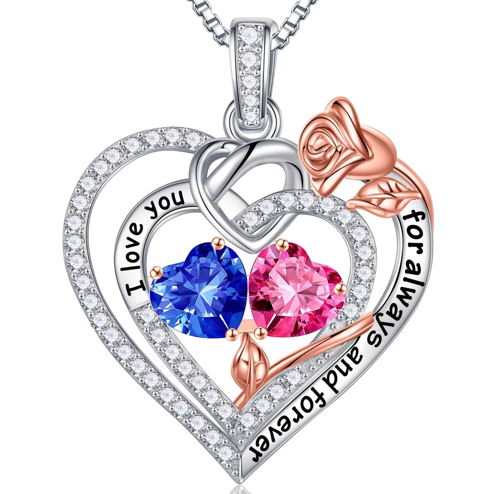 Iefil Rose Heart Necklace Gifts for Wife Women - 925 Sterling Silver Double Birthstone Necklace, Anniversary Birthday Gifts for Women, Jewelry Gift for Wife Girlfriend Mom Her