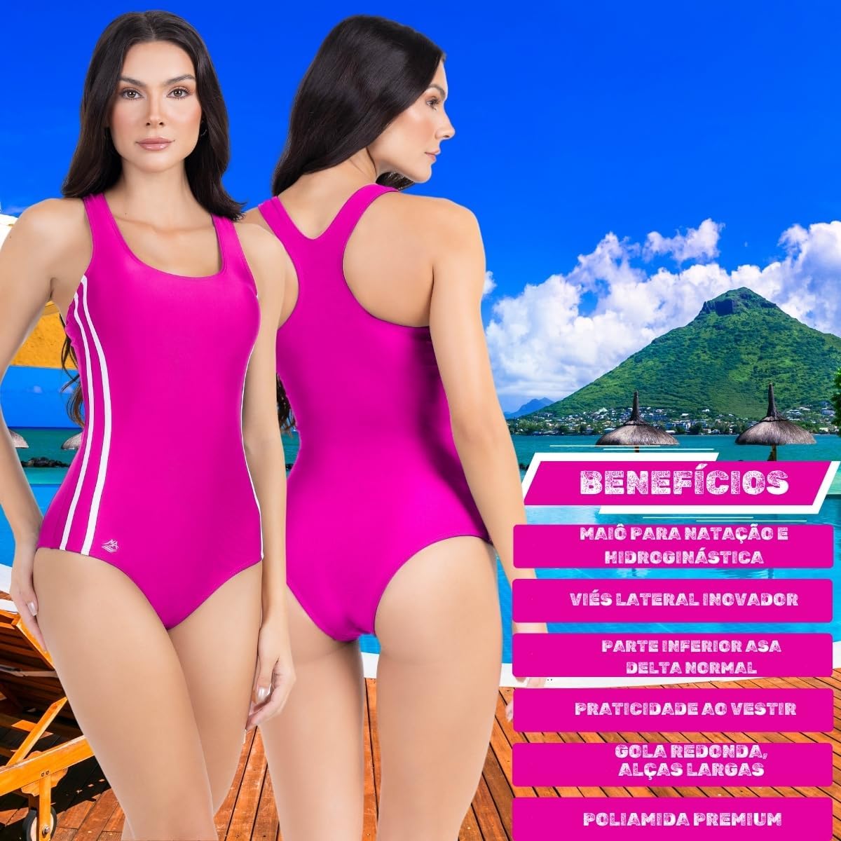 Body Maiô Bory Feminino Moda Praia Natação Poliamida Premium Liso Detalhe Lateral Listras Luxo Confortável Alças Largas