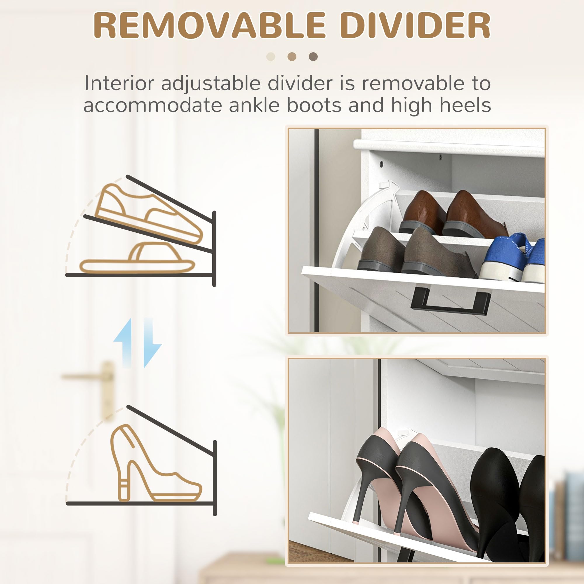 HOMCOM Zapatero Estrecho de 24 cm con 2 Puertas Abatibles Recibidor Blanco | Mueble Zapatero Entrada, Estantes Ajustables, para 6-10 Pares de Zapatos, para Pasillo, Espacios Reducidos