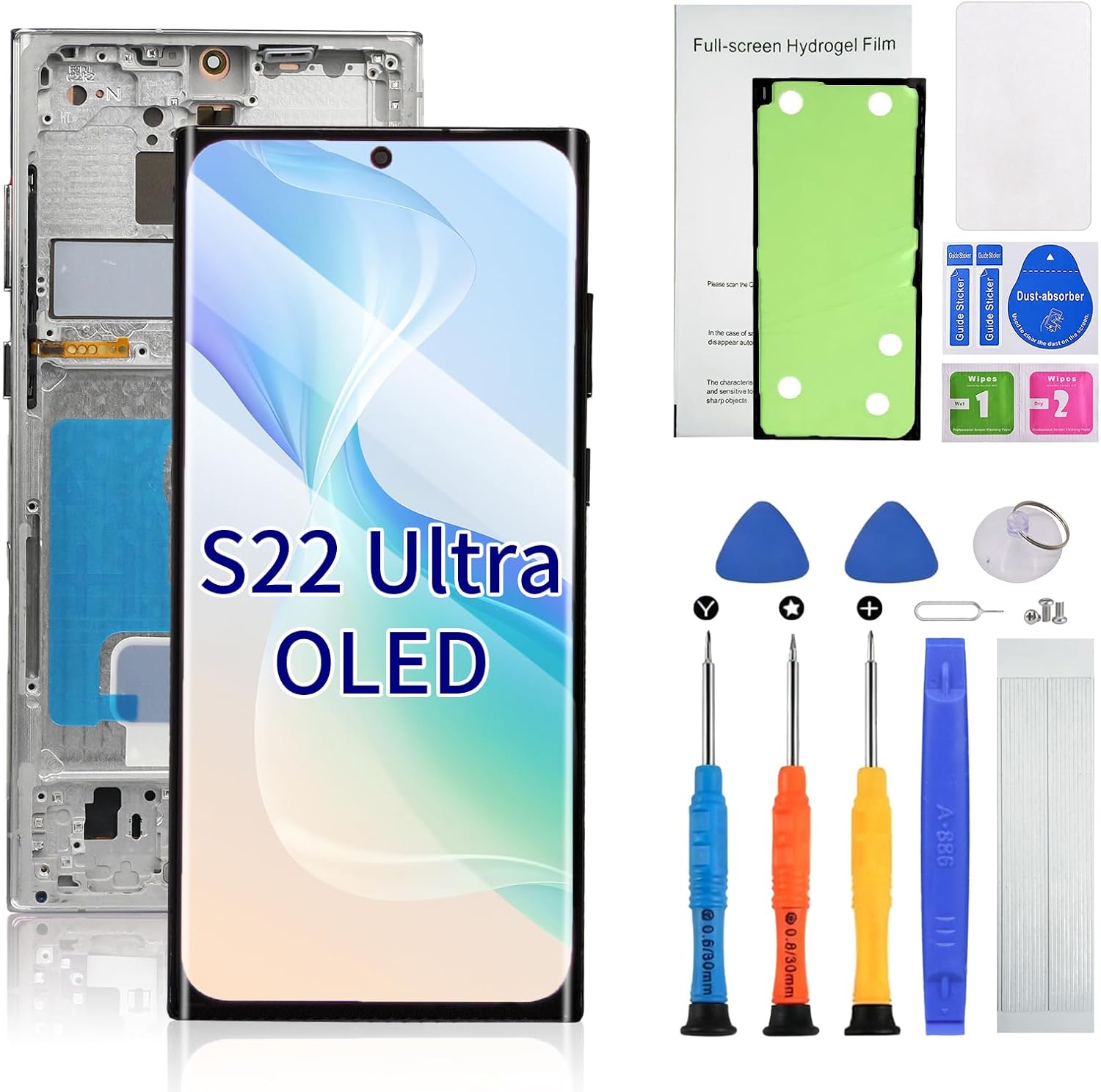 OLED for Samsung Galaxy S22 Ultra 5G Screen Replacemen Screen Touch Digitizer LCD Display Pantalla with Frame Tool kit& Installation Guide SM-S908U SM-S908U1 Support Fingerprint (S22Ultra-Silver)