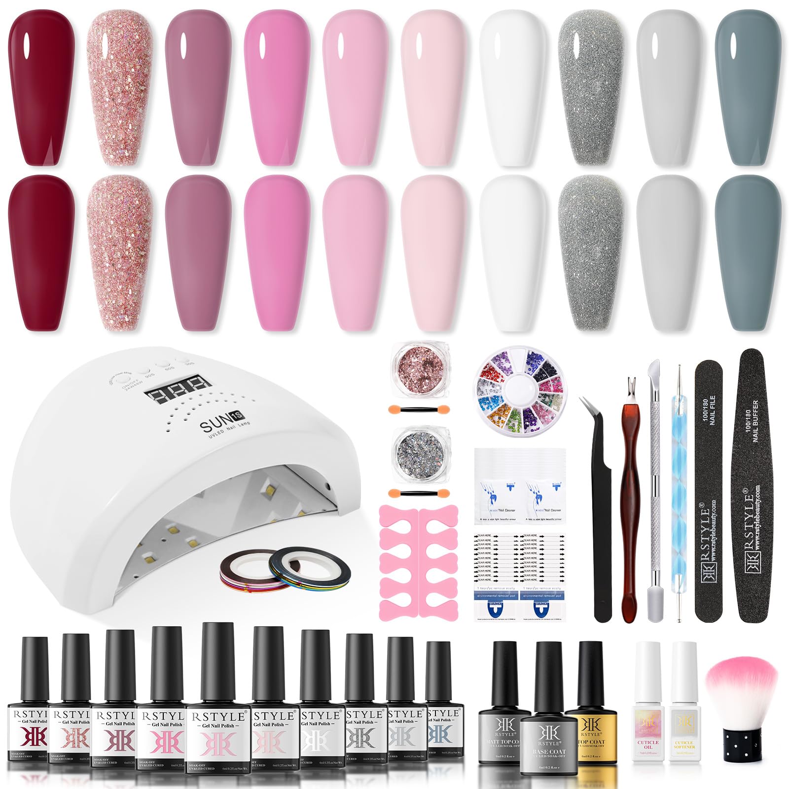 RSTYLE Kit Uñas Semipermanentes , 10 Colores Kit de Esmaltes Semipermanentes con Lampara 48W UV/LED Kit Uñas de Gel Kit Completo Esmaltes Semipermanente Set Manicura Semipermanente Kit Rosa