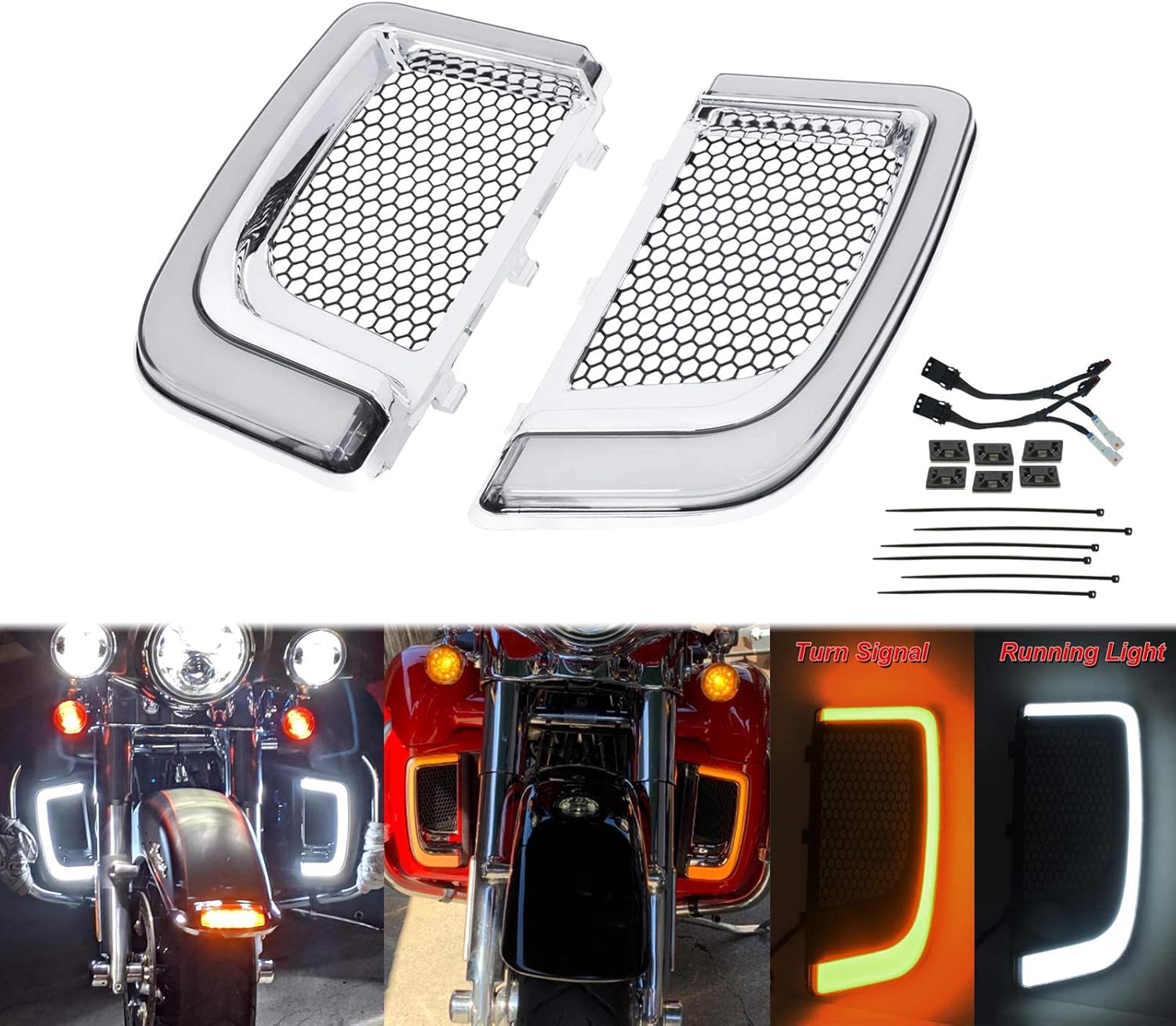 HDBUBALUS Engine Guard Lowers Grills Leg Fairing LED Turn Signal Light Running Light Compatible with Harley Touring Street Glide Road Glide Electra Glide FLHTK FLTRU 2014-2023