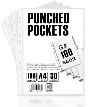 A4 Plastic Pockets with Reinforced Spine, 30 Micron Suitable for Ring Binders Pack of 100