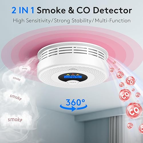 Miniatura 2 de 1 paquete de detector de humo y monóxido de carbono a batería de 10 años, pantalla LCD y alertas visuales, alarma de humo y CO para el hogar, alerta