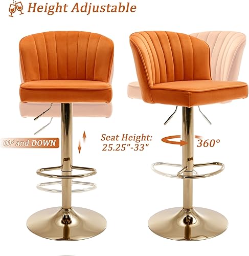 Miniatura 5 de CIMOTA Juego de 2 taburetes de bar giratorios modernos, sillas de bar de terciopelo, taburetes de bar ajustables con respaldobase de metal dorado