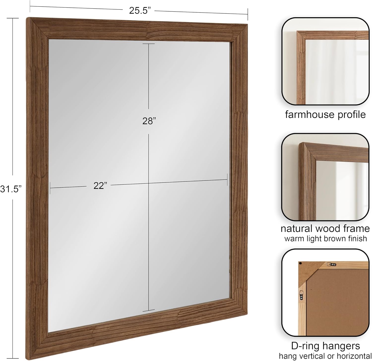 Kate and Laurel Travon Traditional Framed Rectangle Bathroom Vanity Mirror, 26 x 32, Brown, Farmhouse Rectangular Bathroom Mirror for Over Sink or for Use as Entryway or Living Room Decor