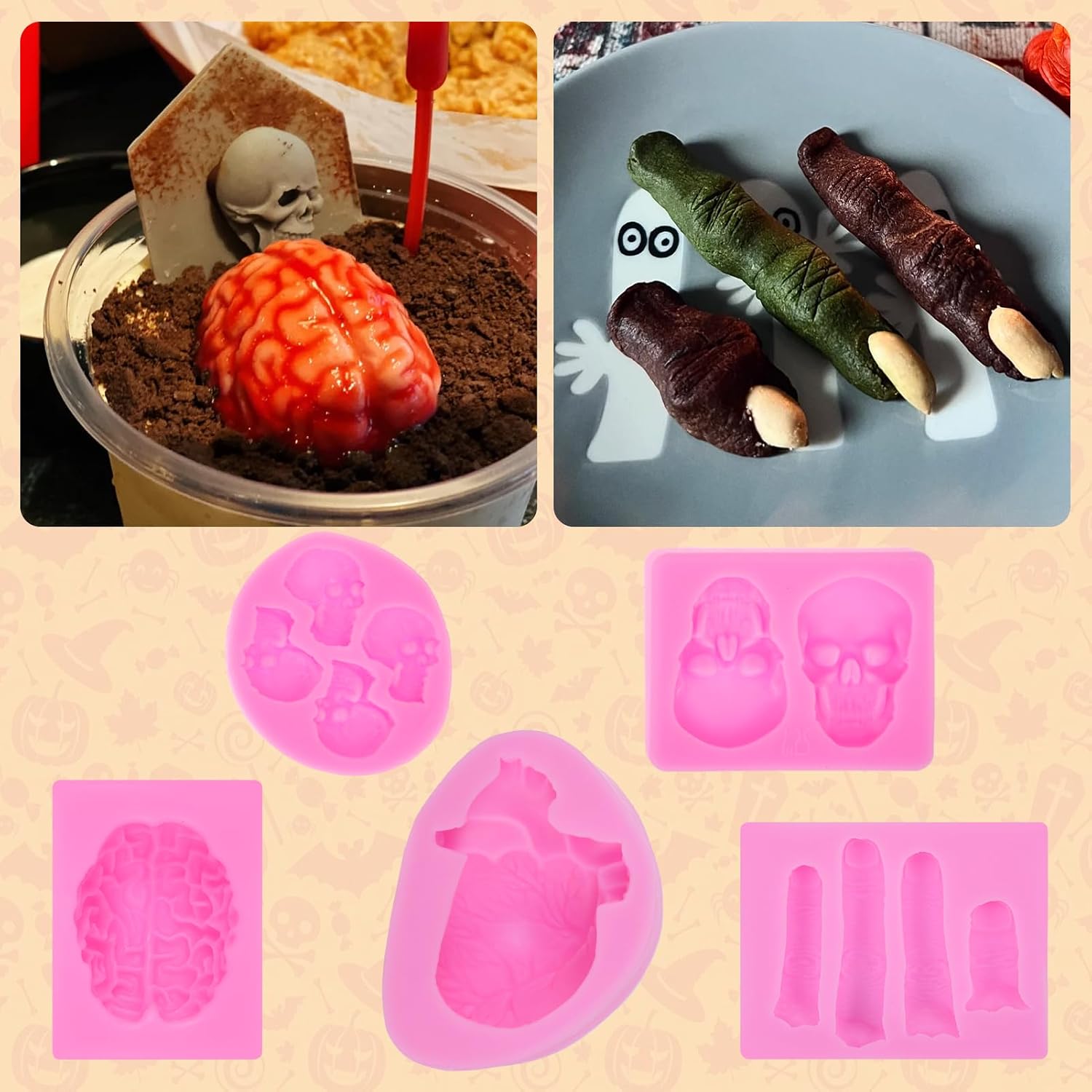 5 PCS Halloween Fondant Cake Decorating Molds, Brain Heart Skull Broken Finger Shapes for Fondant Cupcake Chocolate Candy Pudding, DIY Resin Clay Thanksgiving Baking Decor Silicone image 5